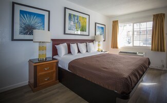 Habitación de hotel con una cama grande, una mesita de noche, una lámpara y tres obras de arte enmarcadas en la pared.