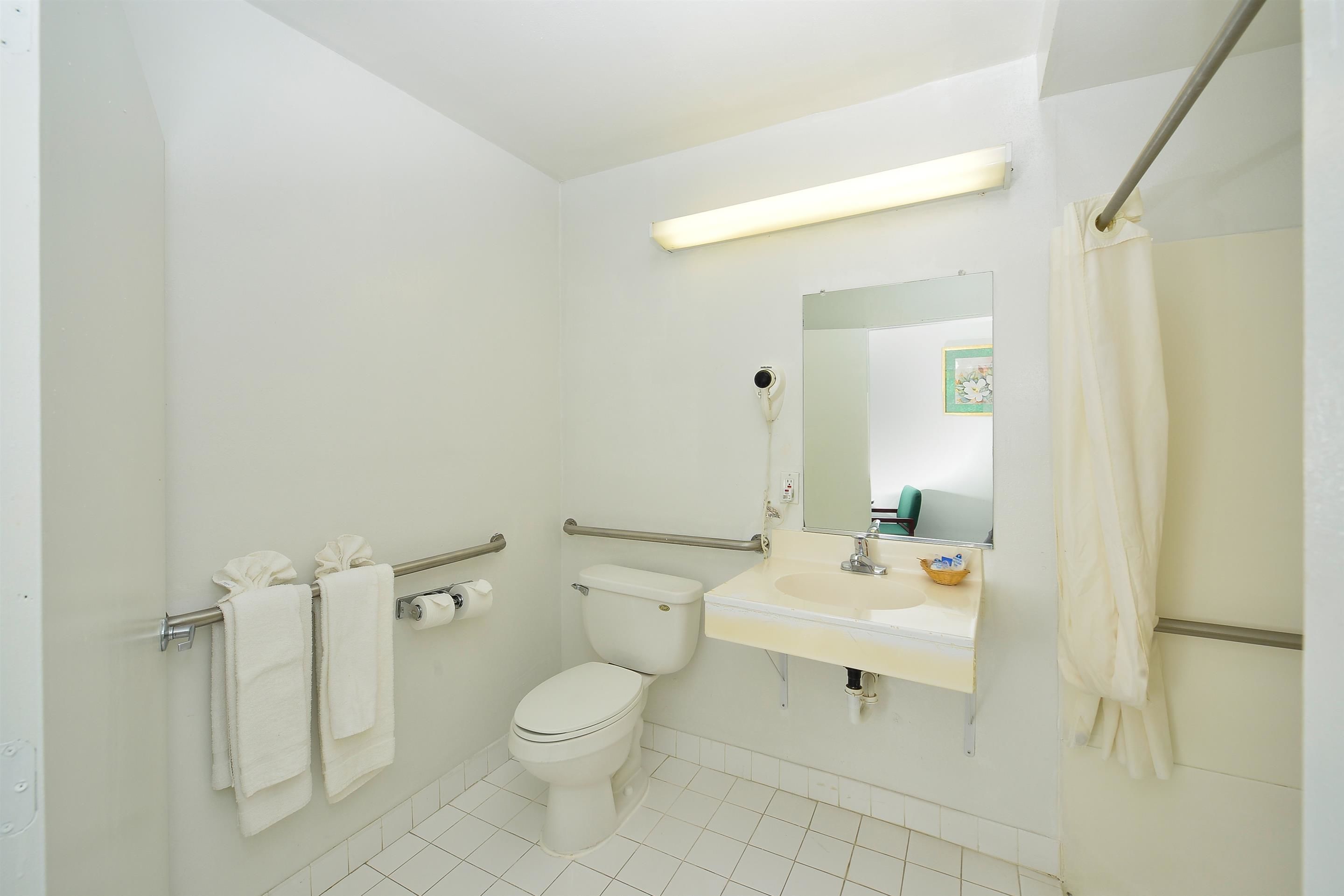 Un baño con inodoro, lavabo y espejo.