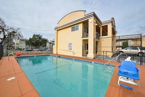 Seasonal outdoor pool, sun loungers