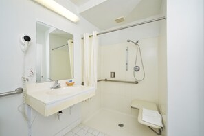 Combined shower/bathtub, free toiletries, hair dryer, towels