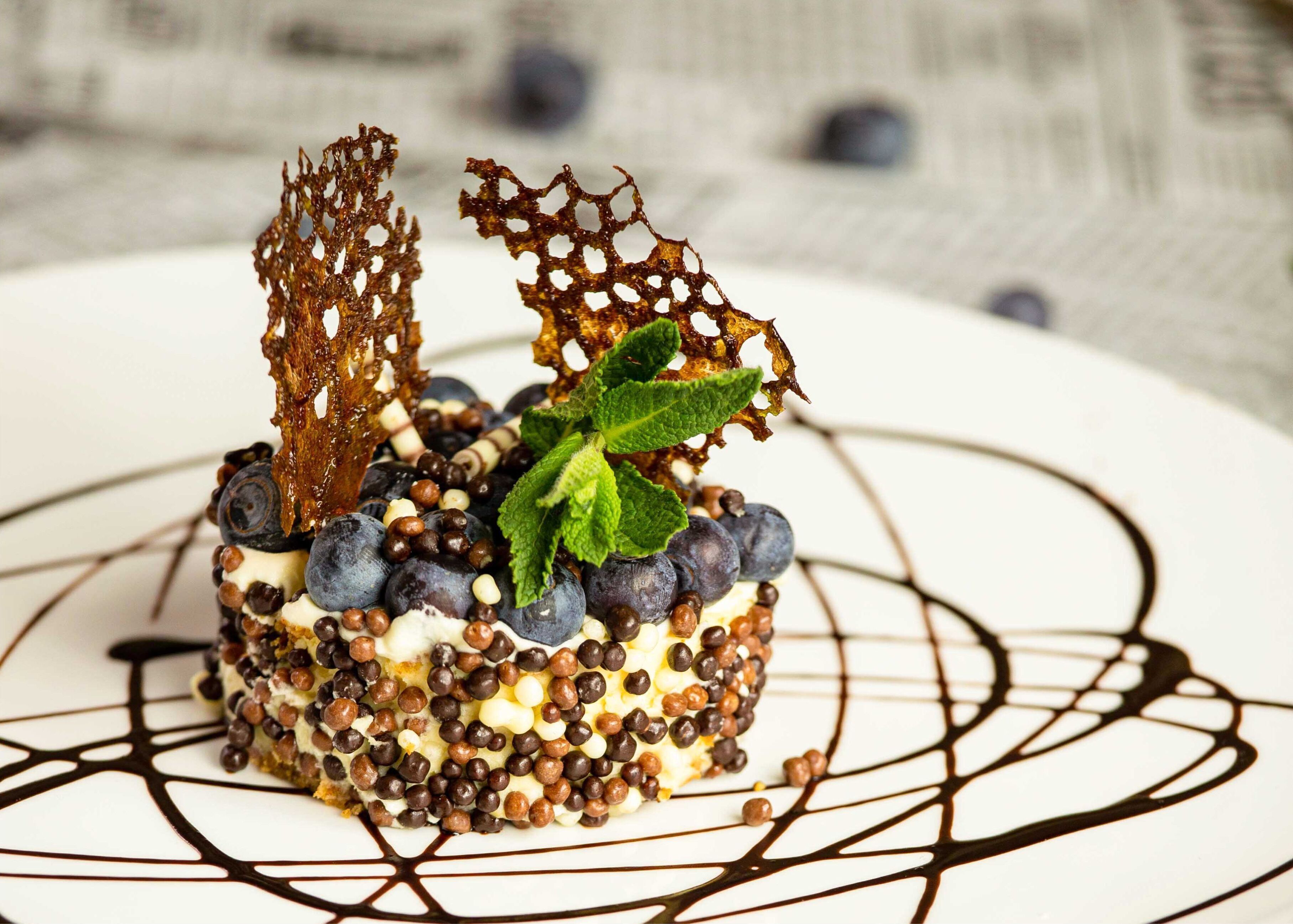 A dessert with chocolate chips, blueberries, and mint leaves on a white plate with a chocolate drizzle pattern.