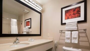 Une salle de bain avec un lavabo, un miroir et des toilettes. Des serviettes sont suspendues sur un porte-serviettes.