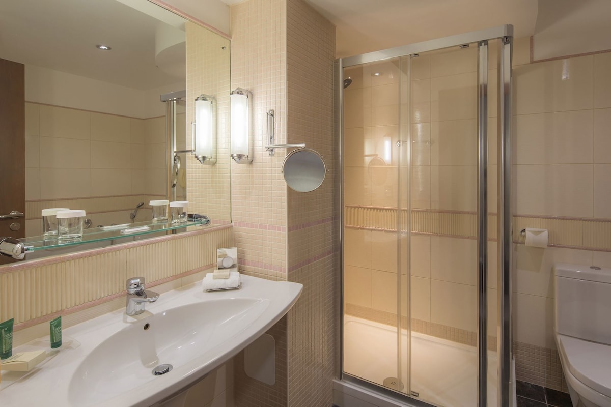 Un baño moderno con cabina de ducha de vidrio, un espejo grande y un lavabo blanco.