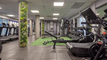 A gym with treadmills, weight machines, and a green wall.