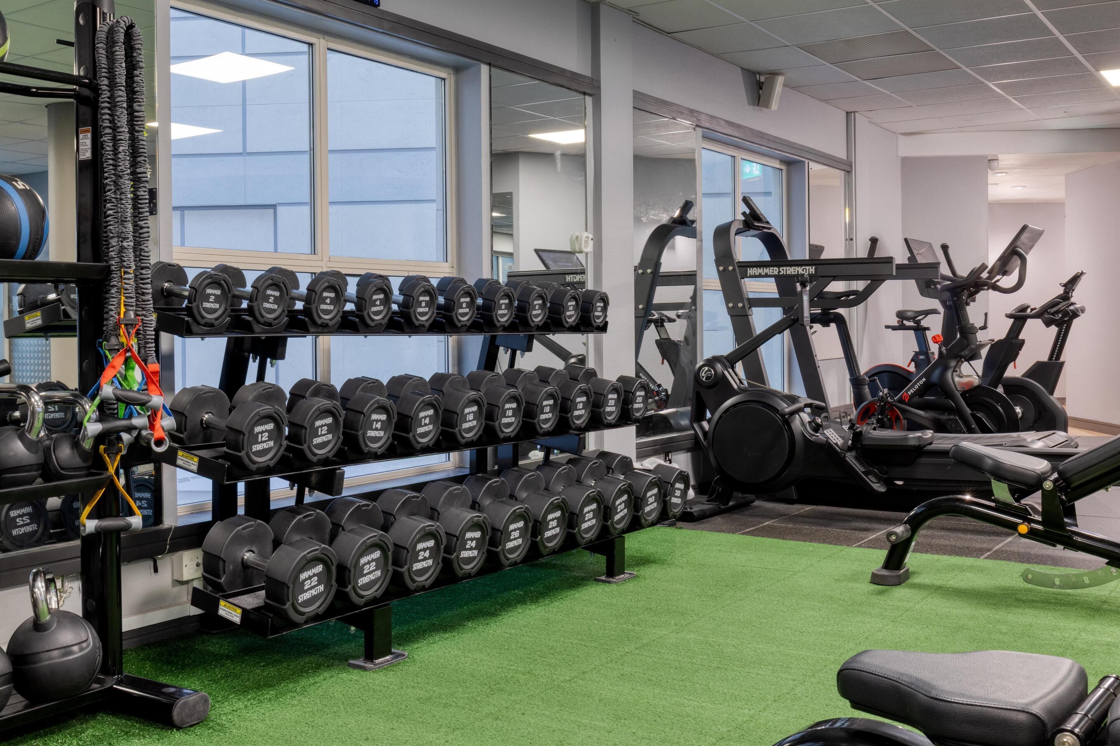 A gym with weightlifting equipment, treadmills, and exercise bikes.
