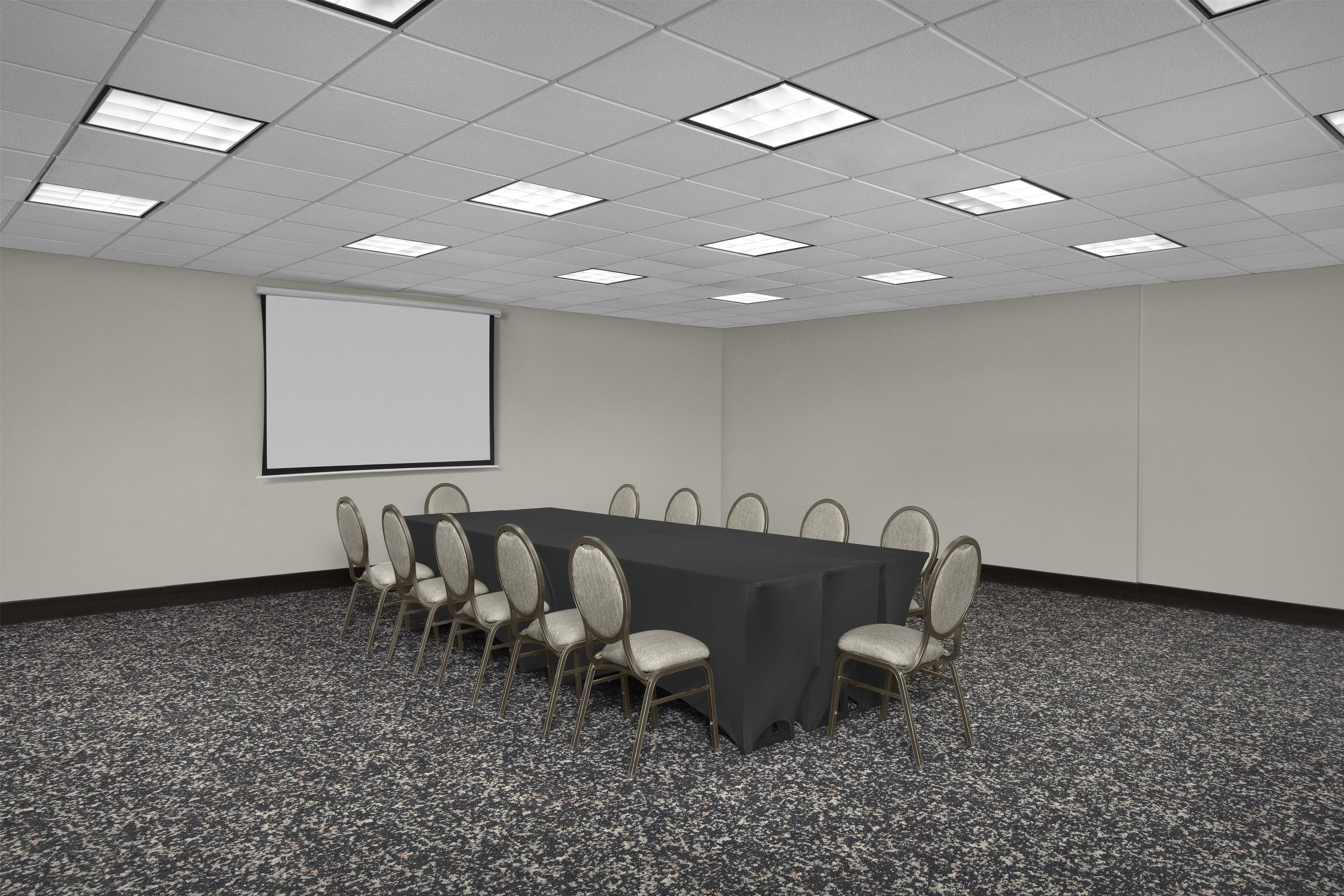 Ein Konferenzraum mit langem Tisch, Stühlen, einer Projektionsleinwand und Teppichboden.