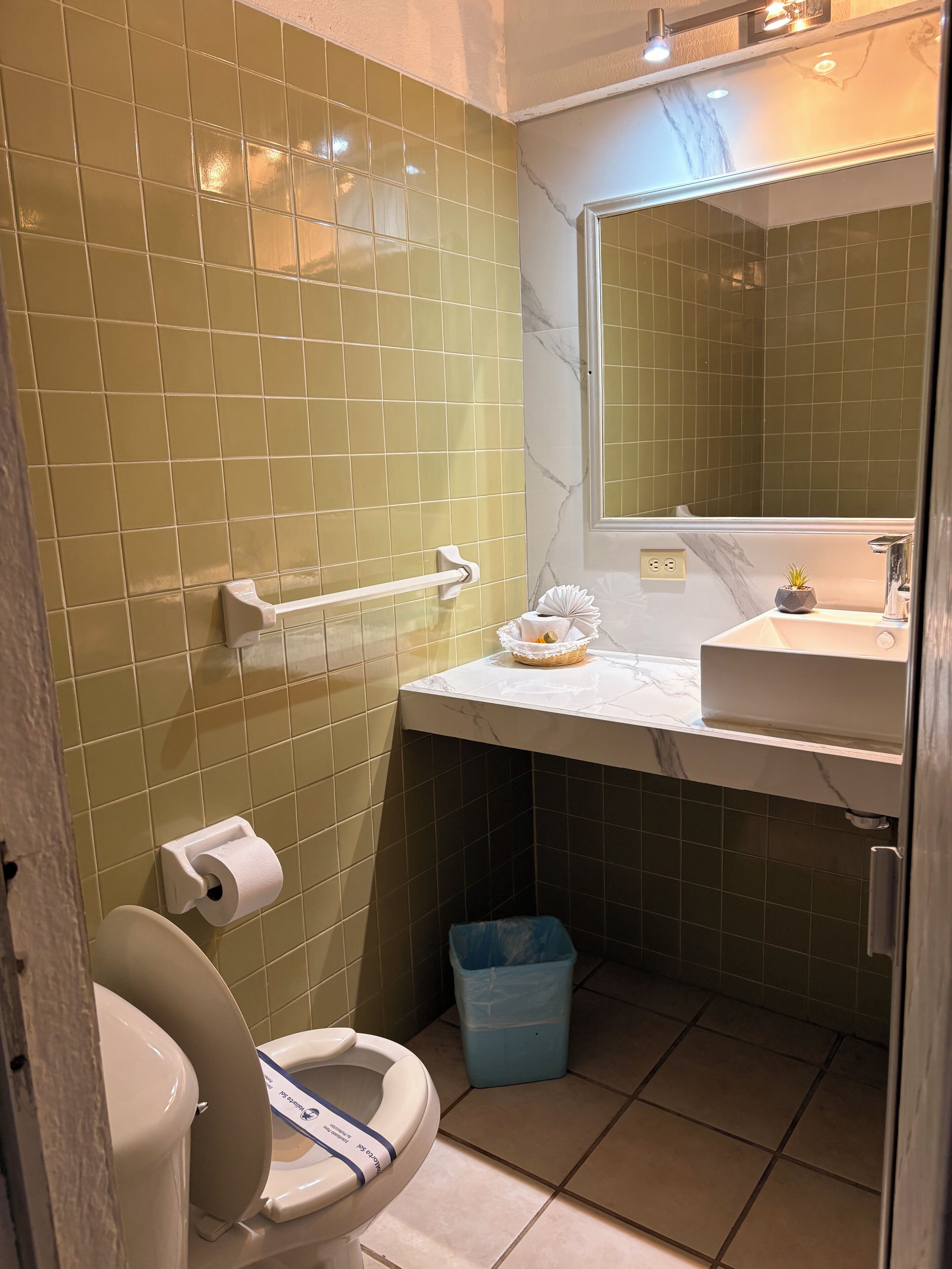 Een badkamer met toilet, wastafel, spiegel en prullenbak.
