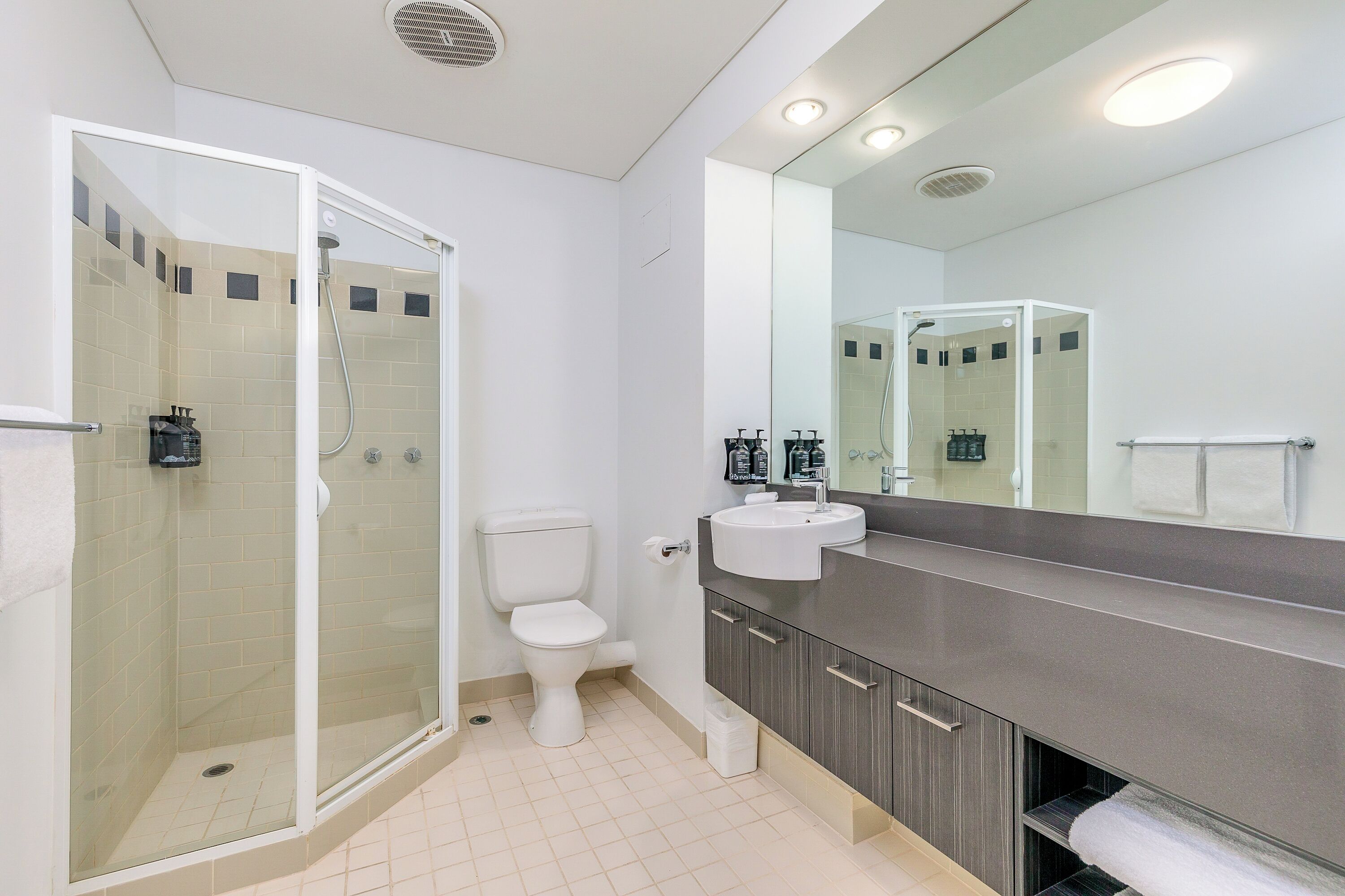 Een moderne badkamer met een douchecabine van glas, toilet, wastafel en een grote spiegel.