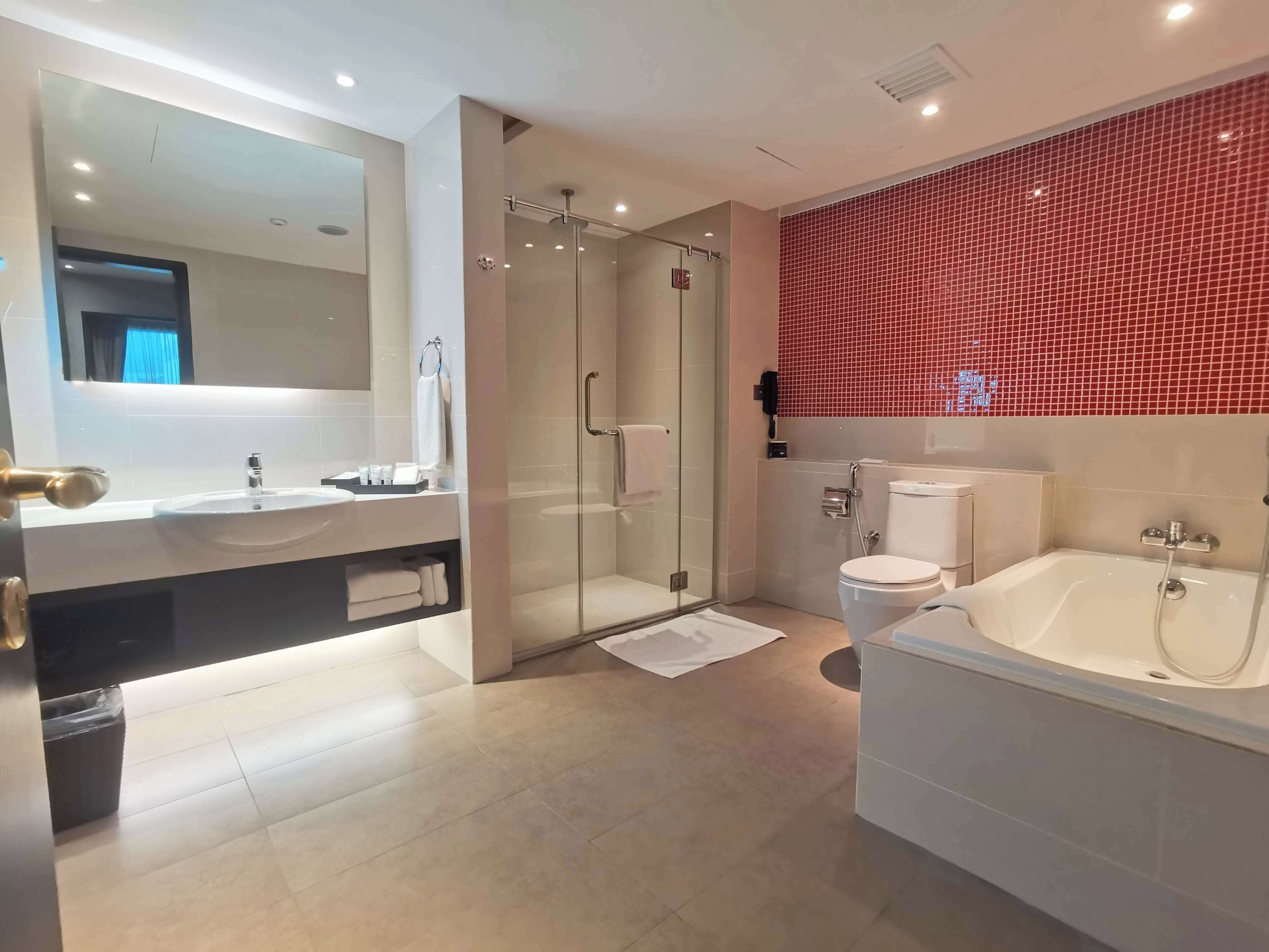 A modern bathroom with a glass-enclosed shower, a large bathtub, and a white sink.