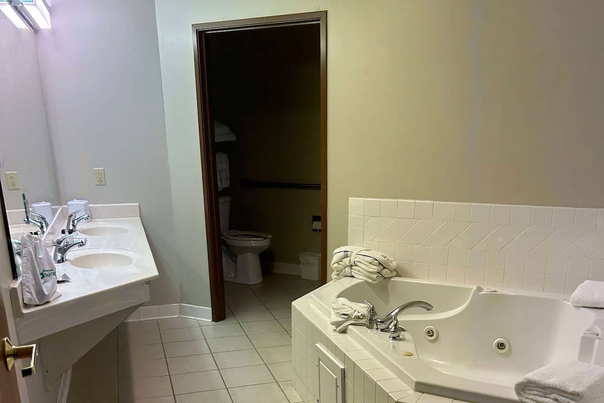 executive suite, 1 king bed, non smoking, jetted tub | bathroom | combined shower/bathtub, free toiletries, hair dryer, towels