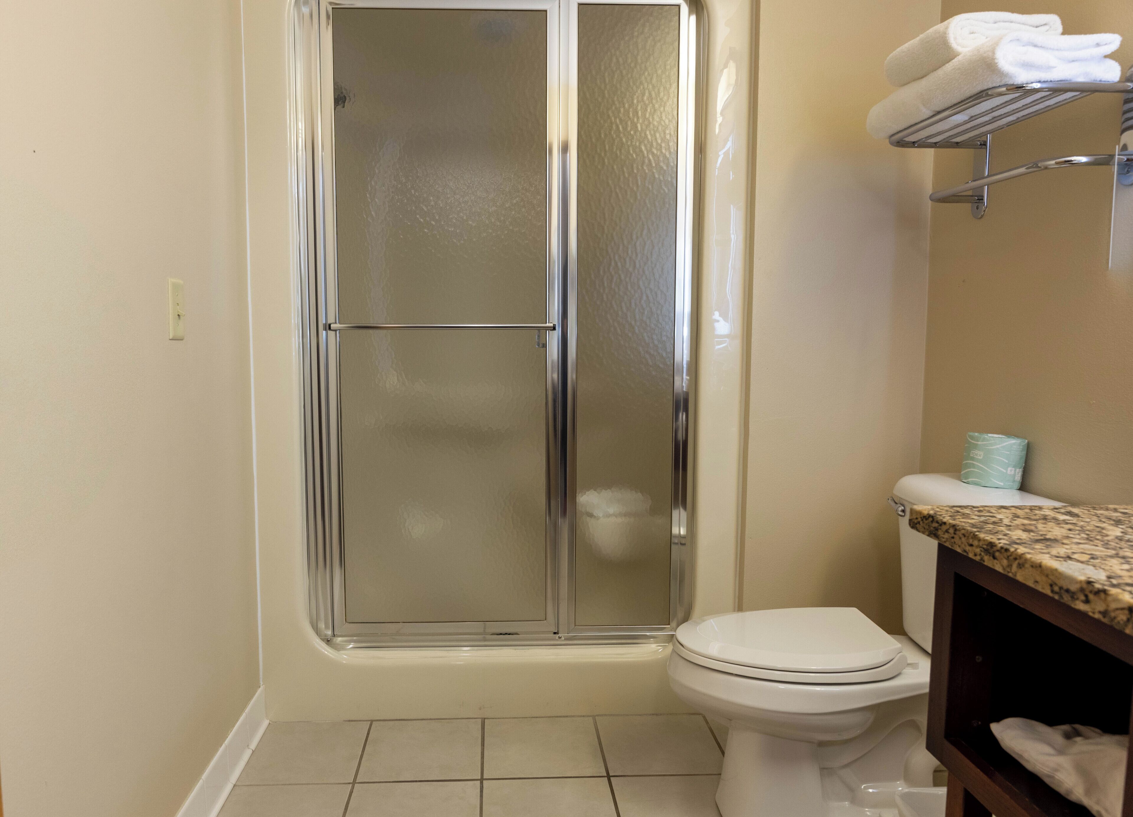 A bathroom with a glass-enclosed shower, a toilet, and a towel rack with towels.