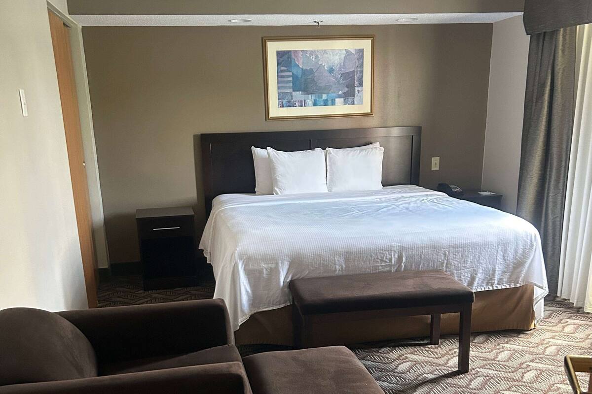 A hotel room with a large bed, a bedside table, a chair, and a painting on the wall.