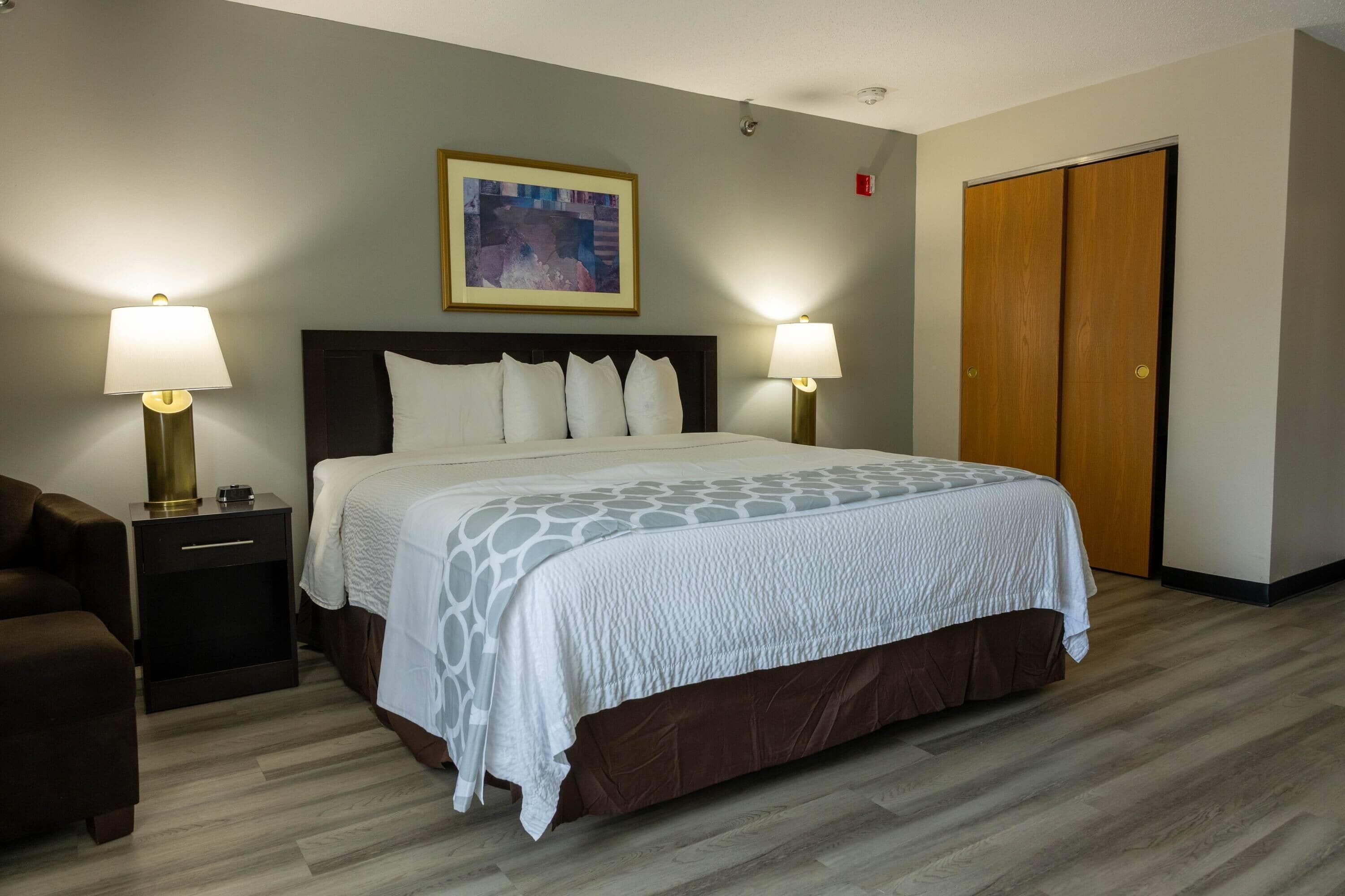 Habitación de hotel con cama, dos lámparas de noche, mesita de noche, una silla, un cuadro en la pared y una puerta de madera.