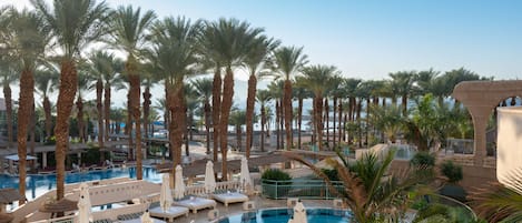 Indoor pool, outdoor pool, sun loungers