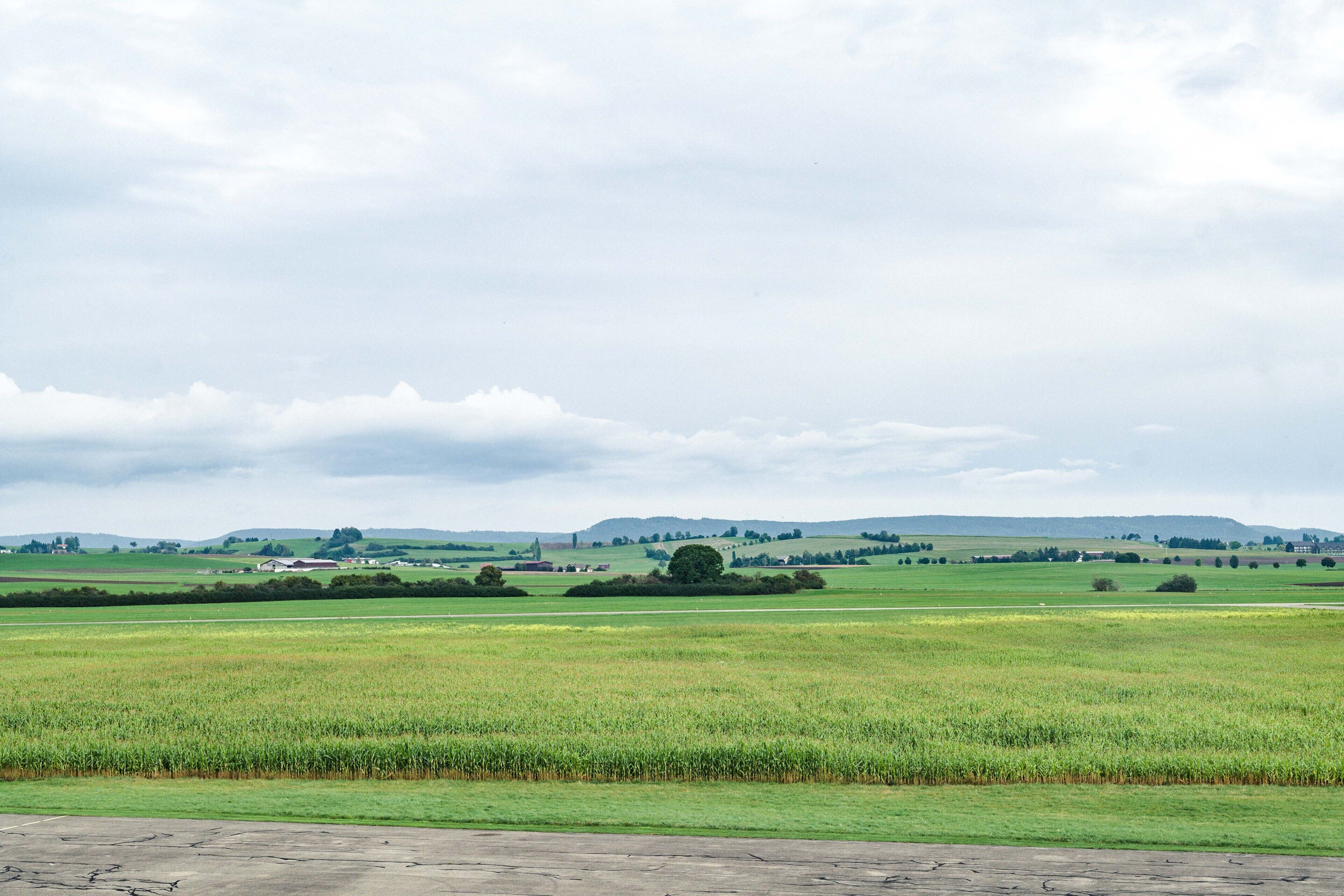 A rural landscape with a field and distant hills.