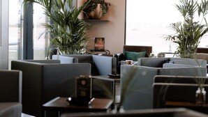 A modern interior with seating arrangements, potted plants, and a visible window. - Sombea Donaueschingen (Donaueschingen)
