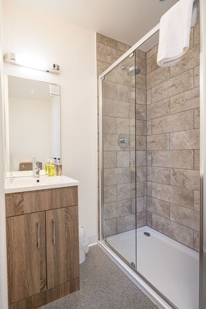 Hair dryer, towels, soap, shampoo