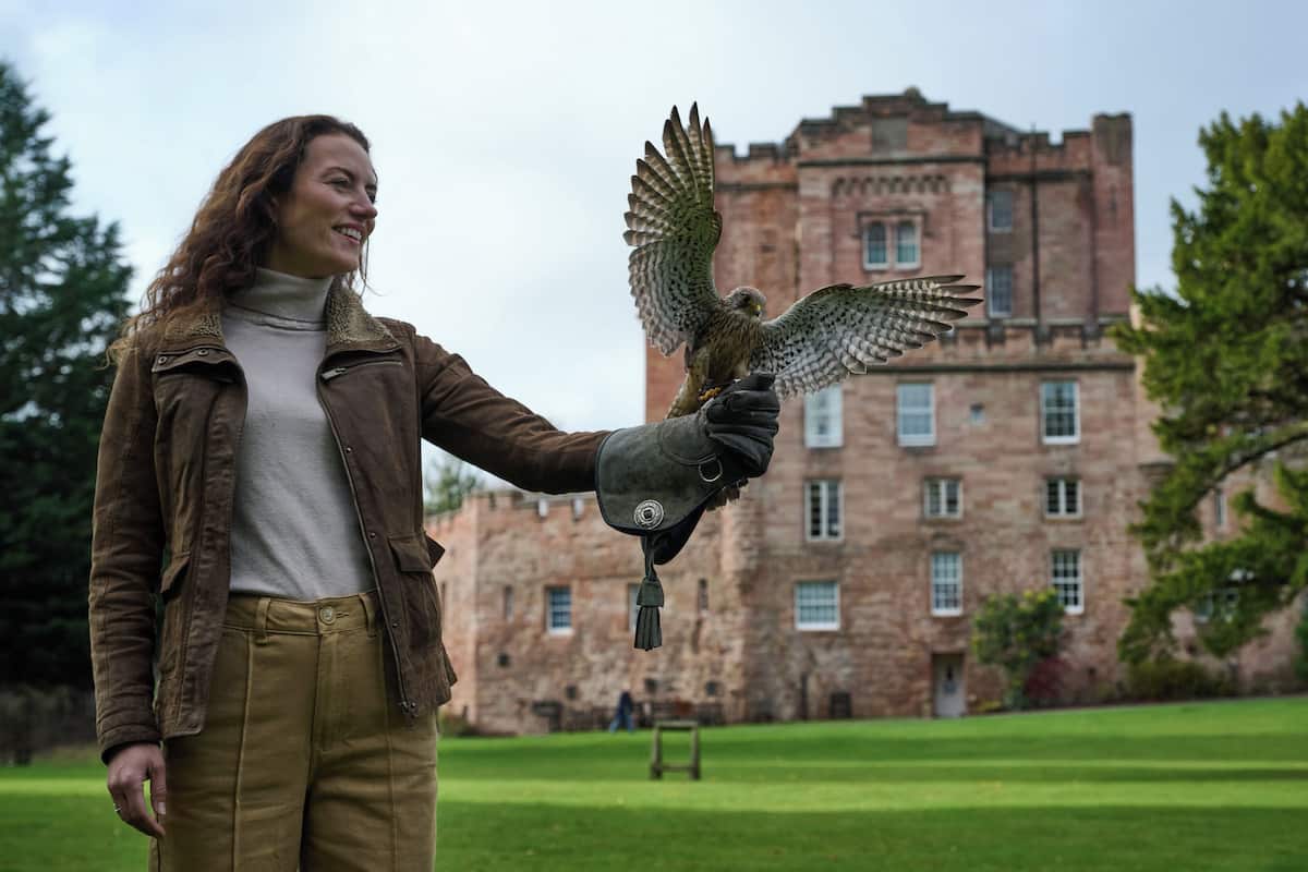 A person holding a bird of prey with a historic building in the background.