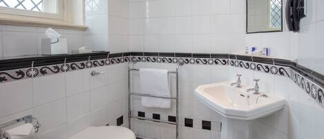 A bathroom with a toilet, sink, and towel rack.