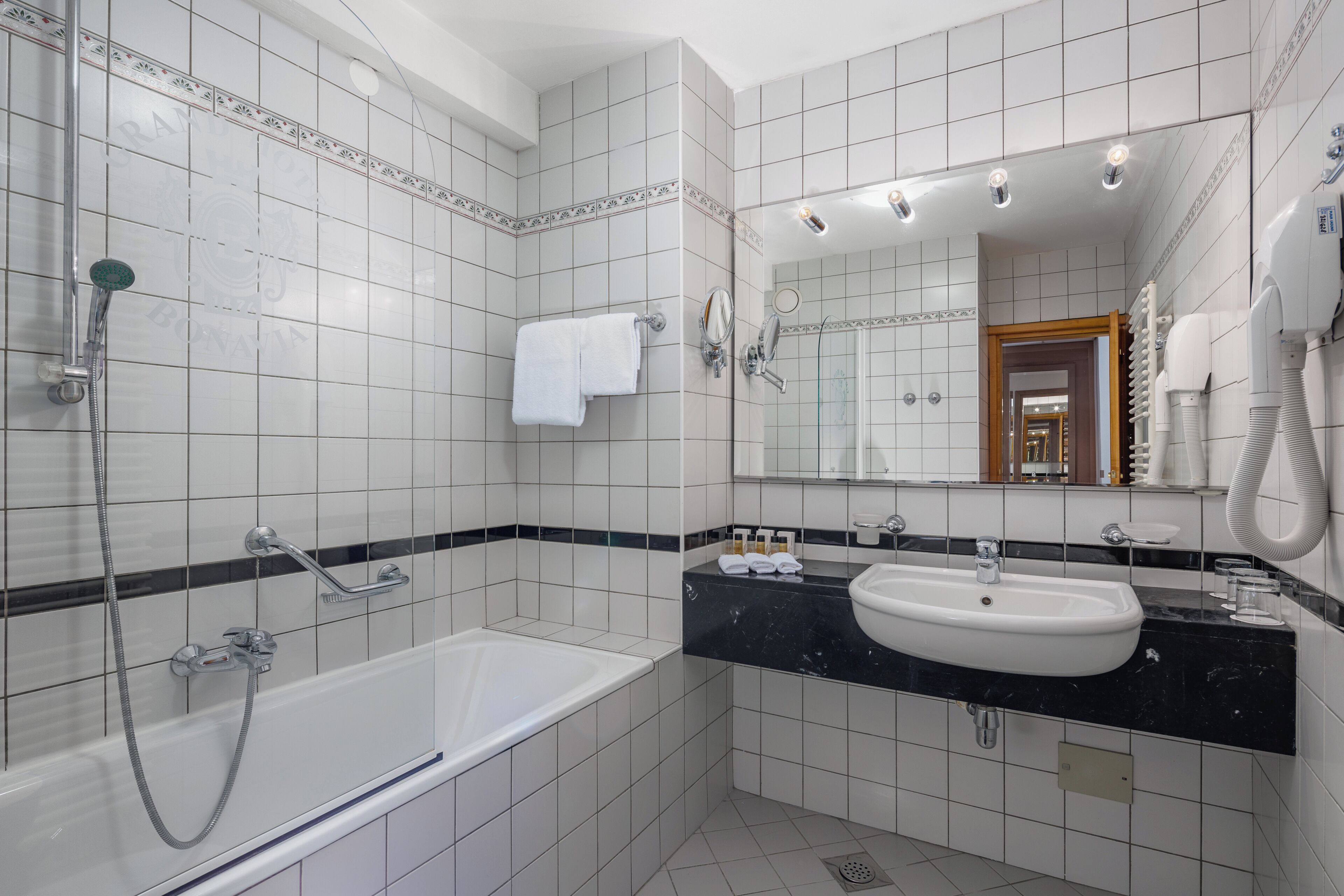 combined shower/bathtub, free toiletries, hair dryer, towels