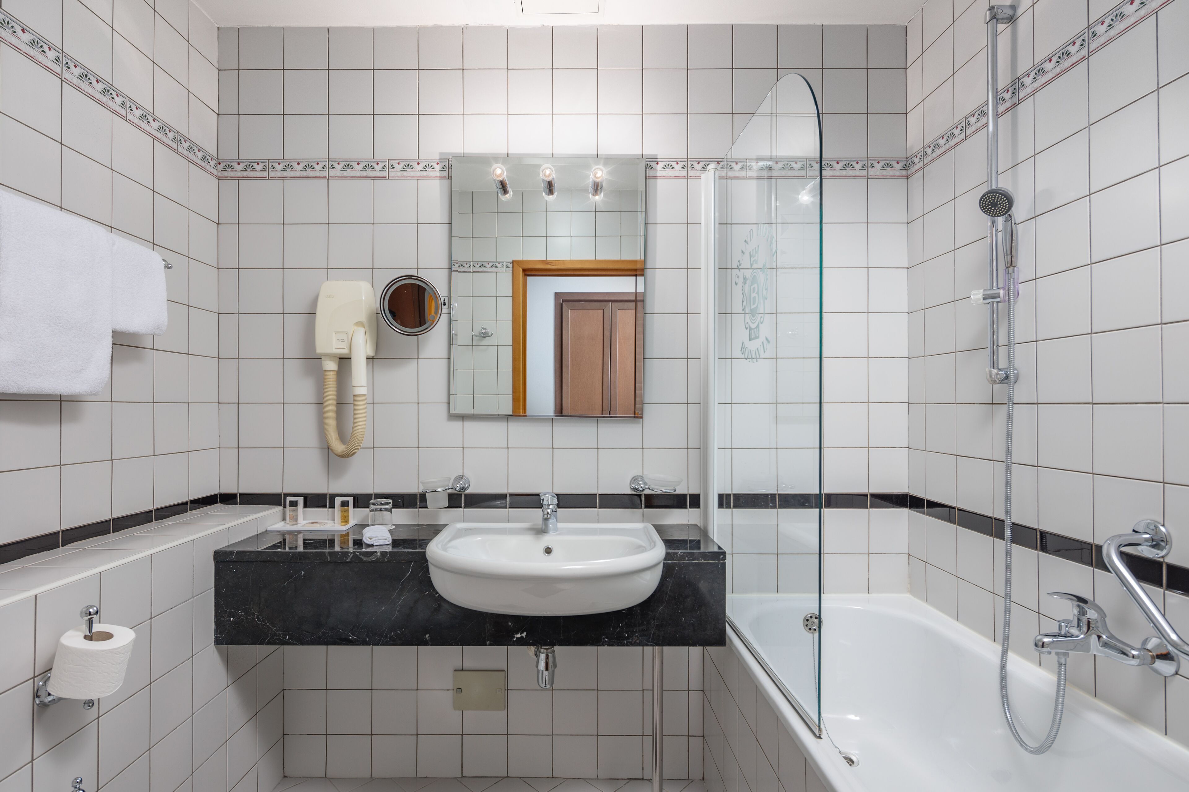 combined shower/bathtub, free toiletries, hair dryer, towels