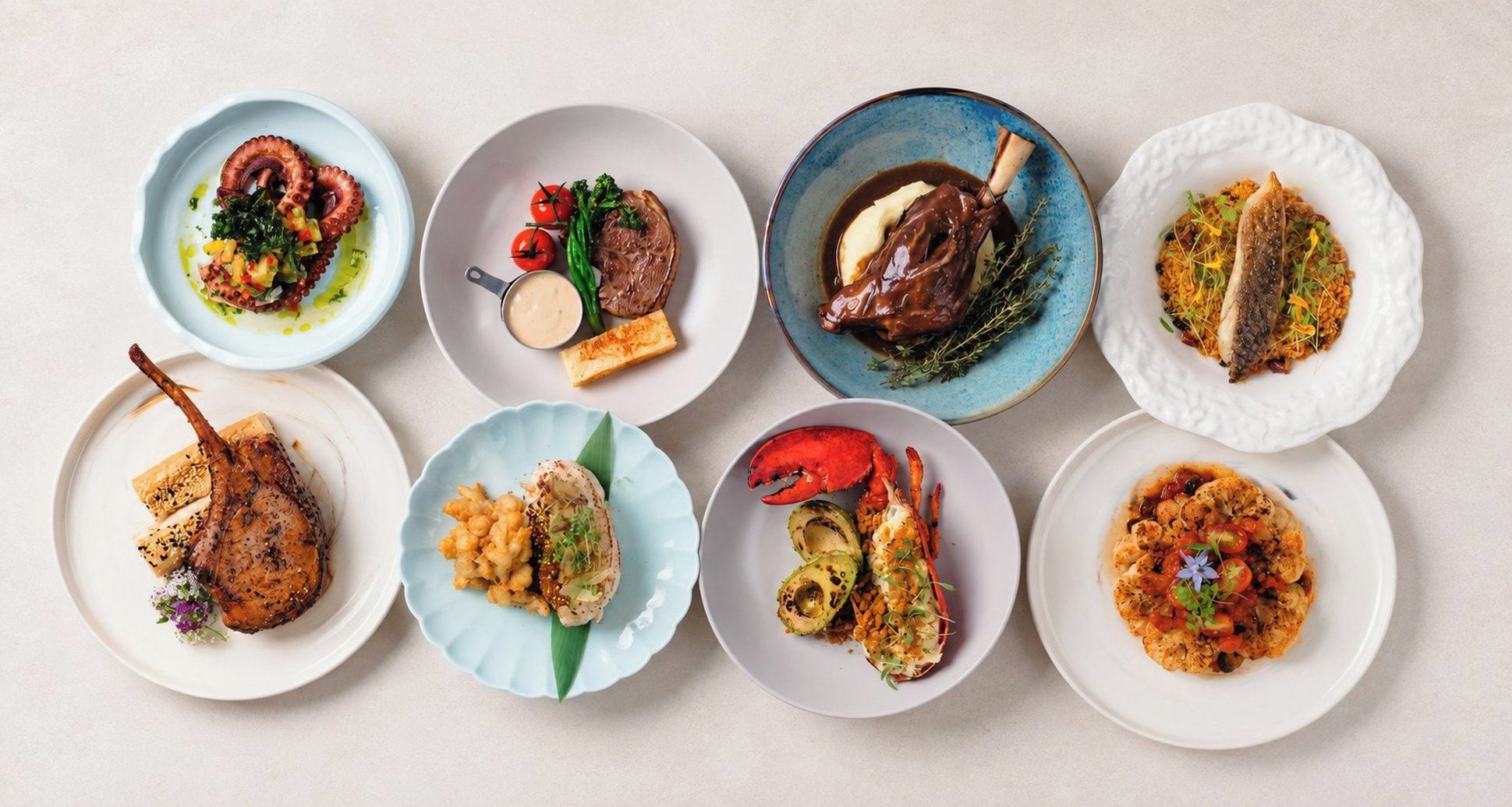 A variety of dishes on plates.