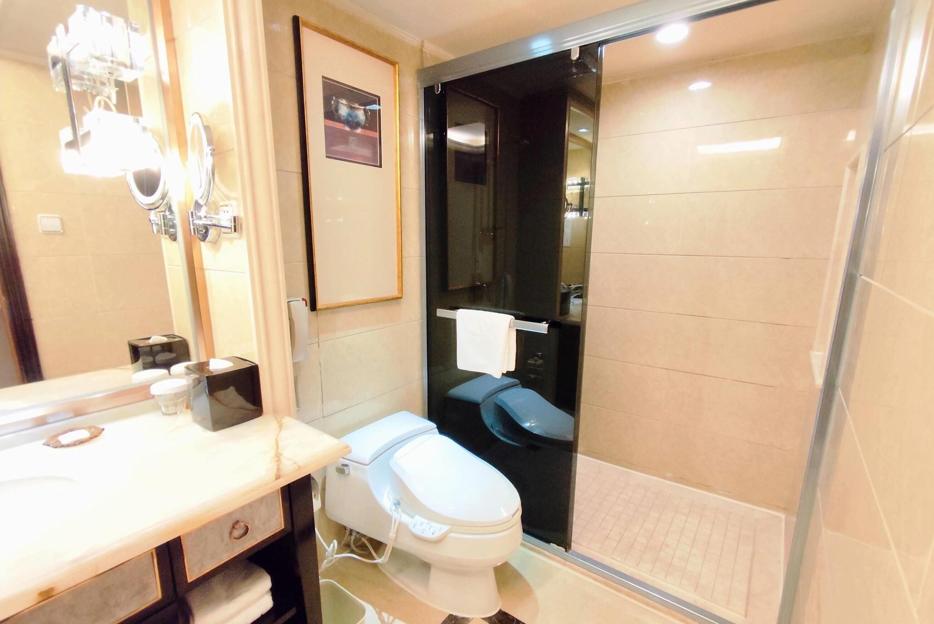 A modern bathroom with a white toilet, a glass shower enclosure, and a vanity with a mirror and towel rack.