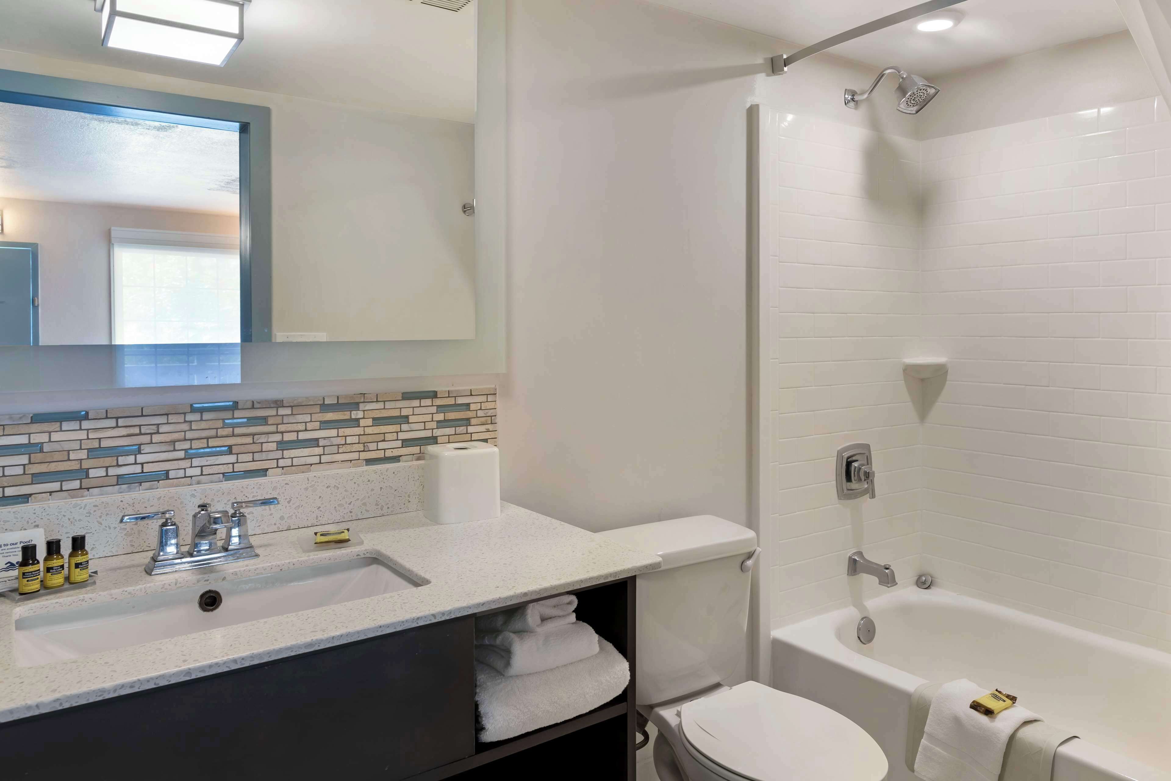 combined shower/bathtub, free toiletries, hair dryer, towels