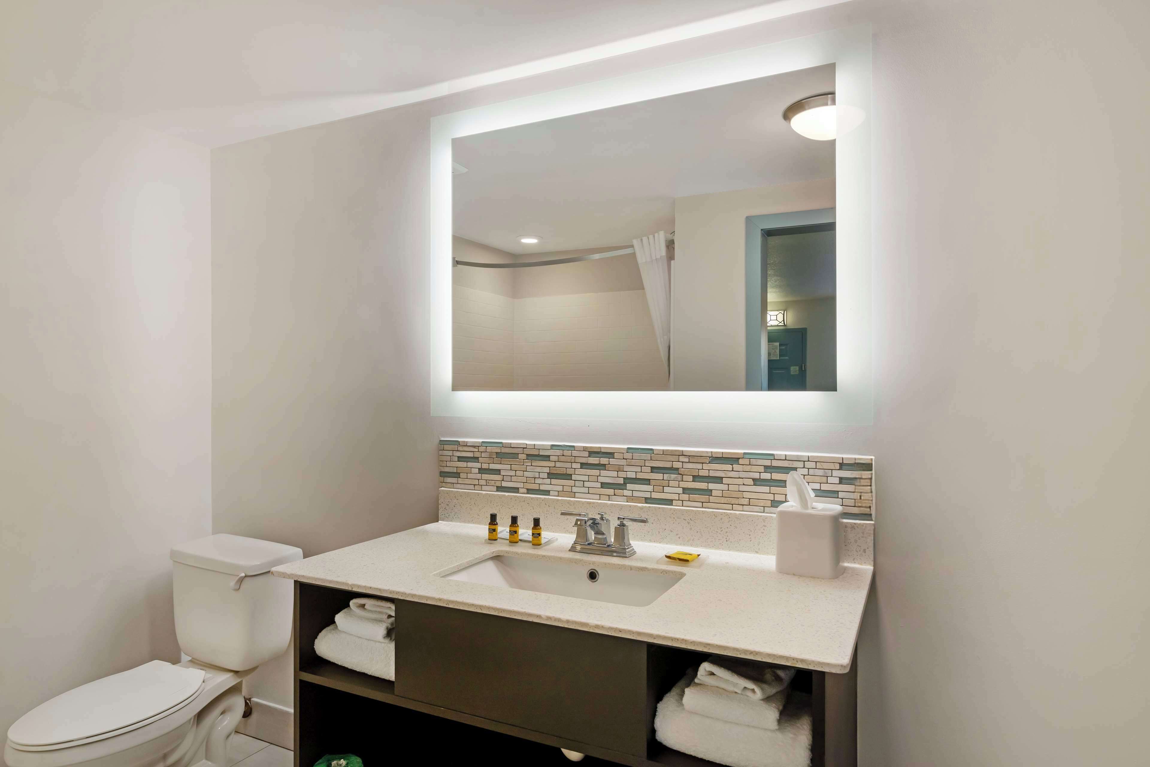 combined shower/bathtub, free toiletries, hair dryer, towels