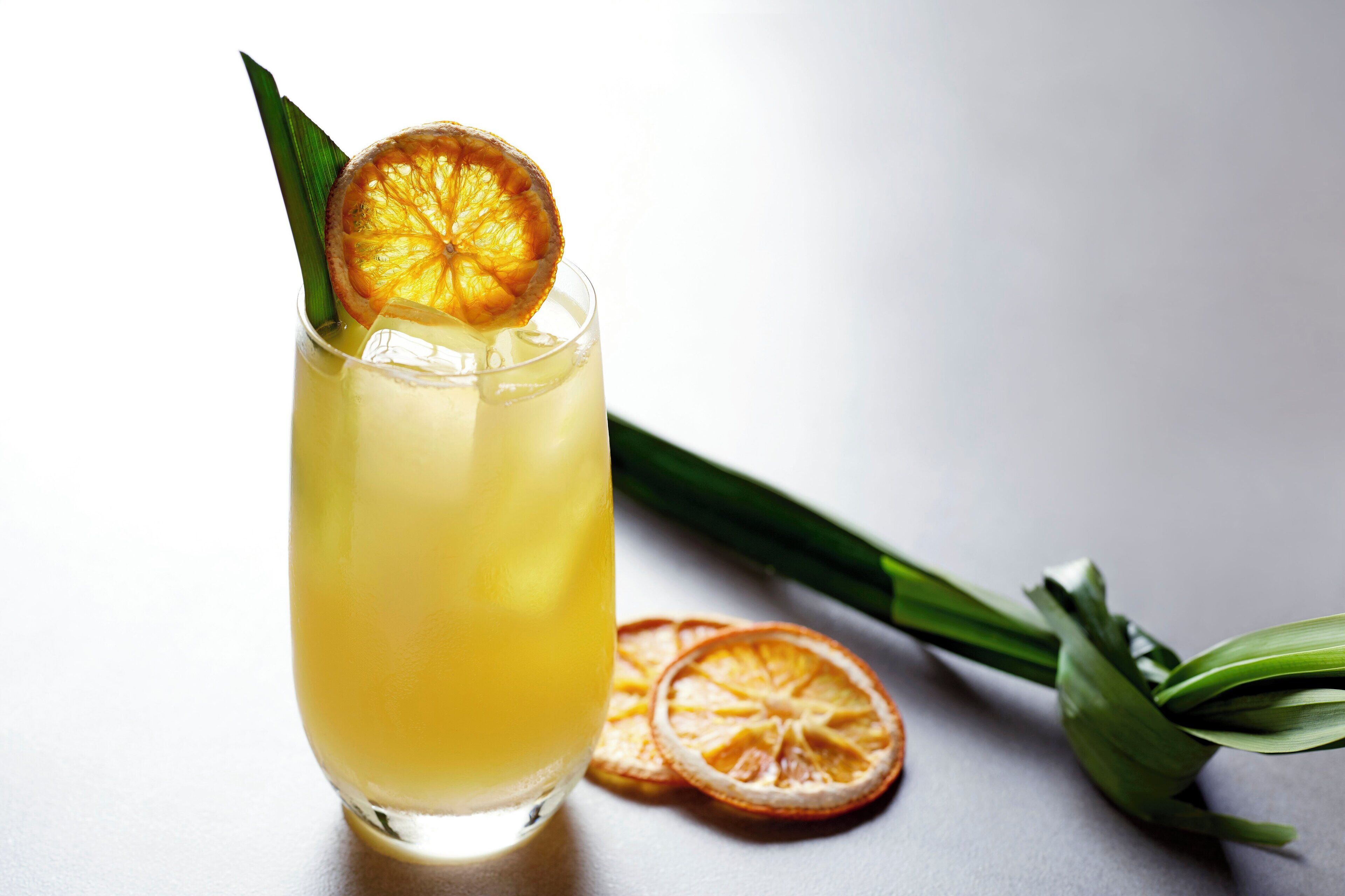 A tall glass with a yellow beverage, garnished with a dried orange slice and a green leaf, on a white surface with dried orange slices and green leaves nearby.