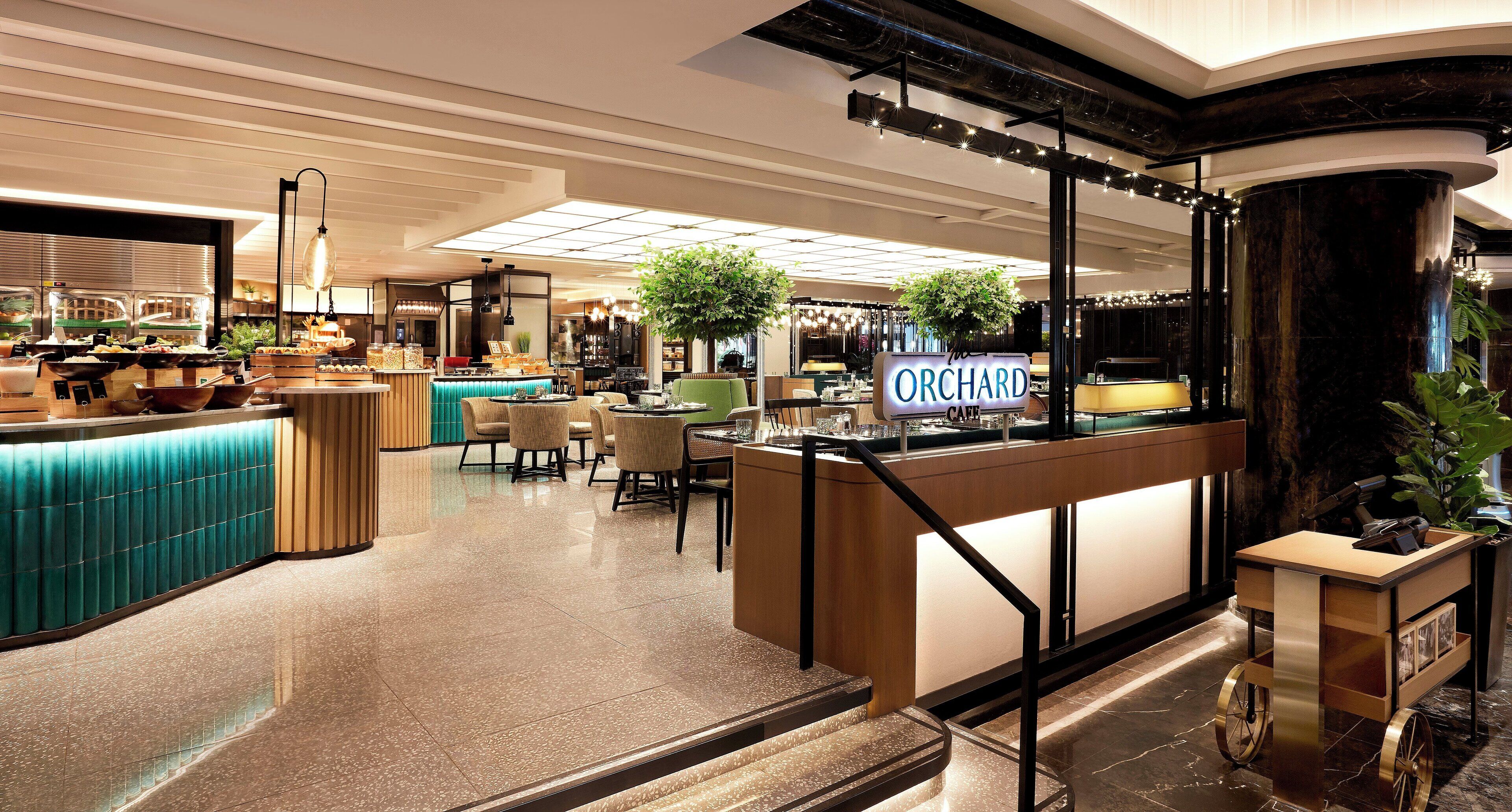 A modern hotel lobby with a central reception desk, seating area, and a large potted plant.