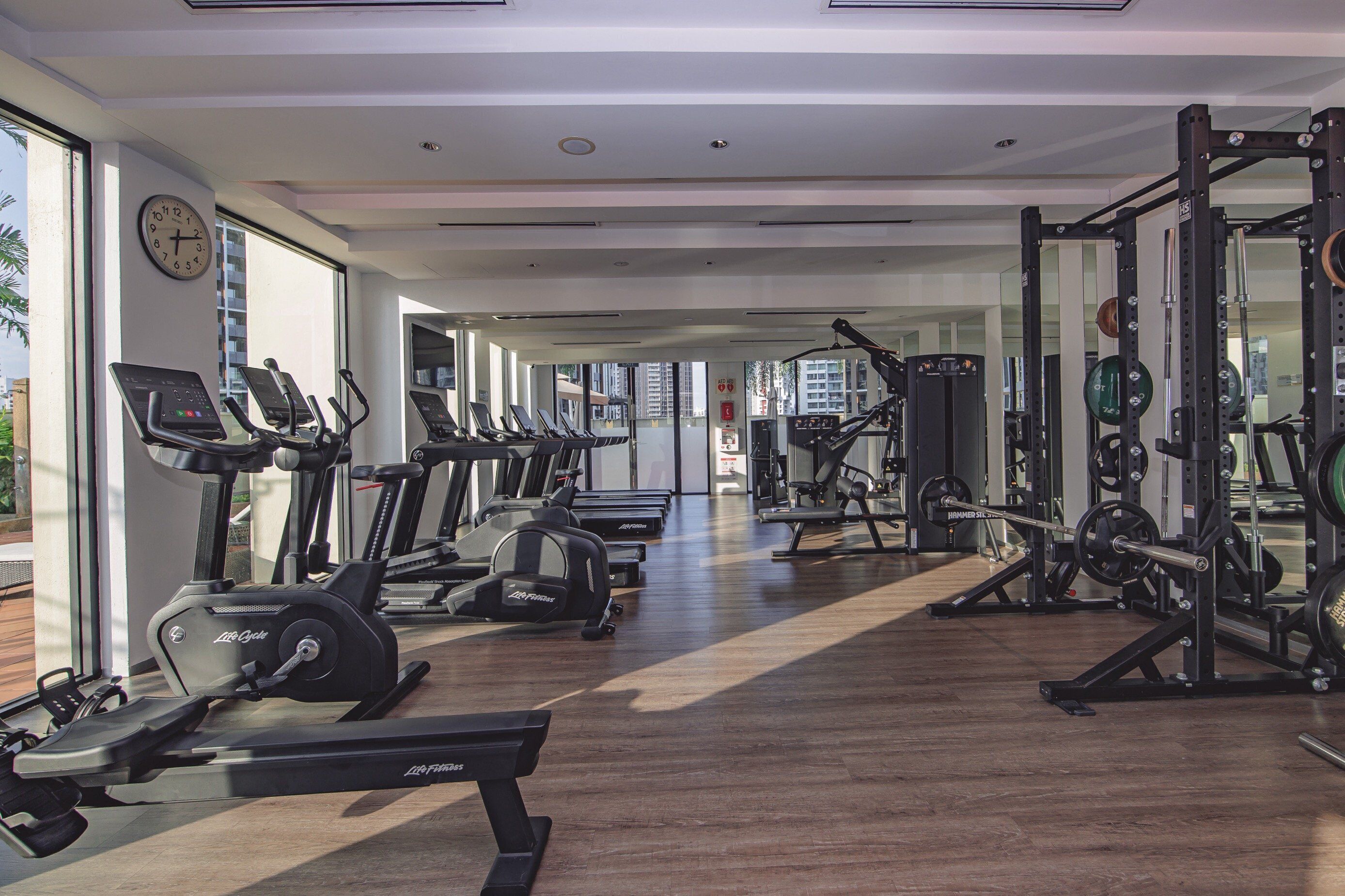 A gym with treadmills, ellipticals, and weightlifting equipment.