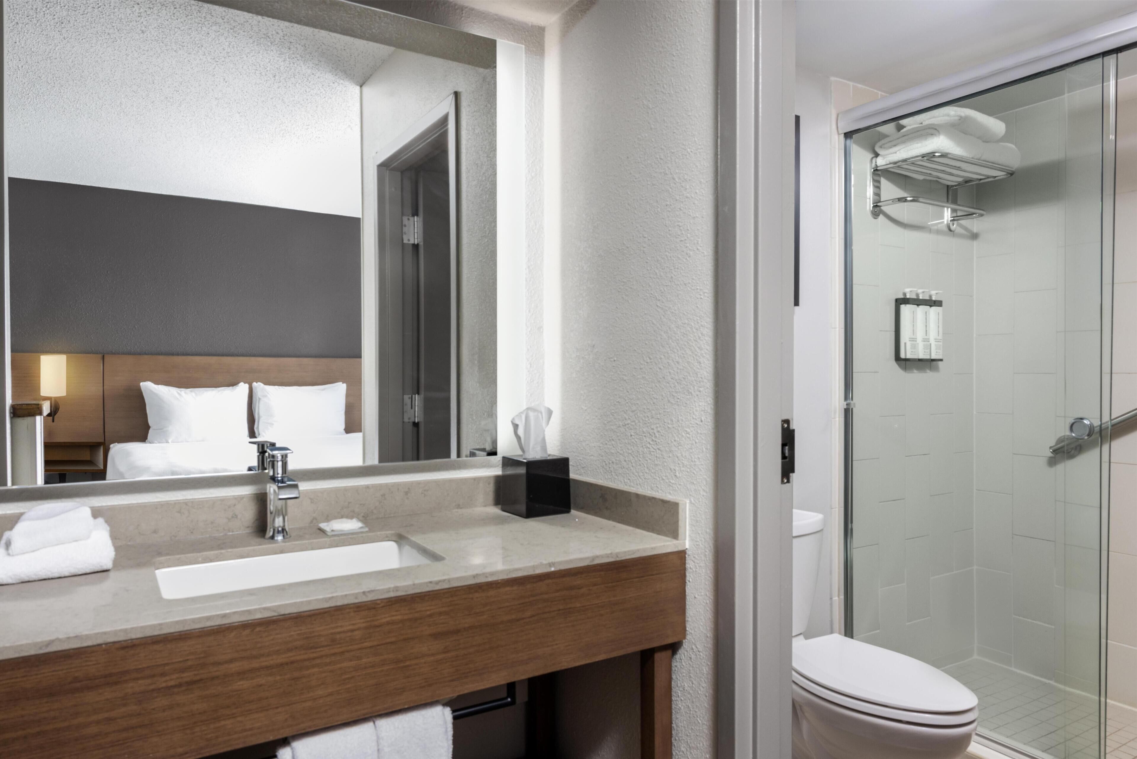 Shower, designer toiletries, hair dryer, towels