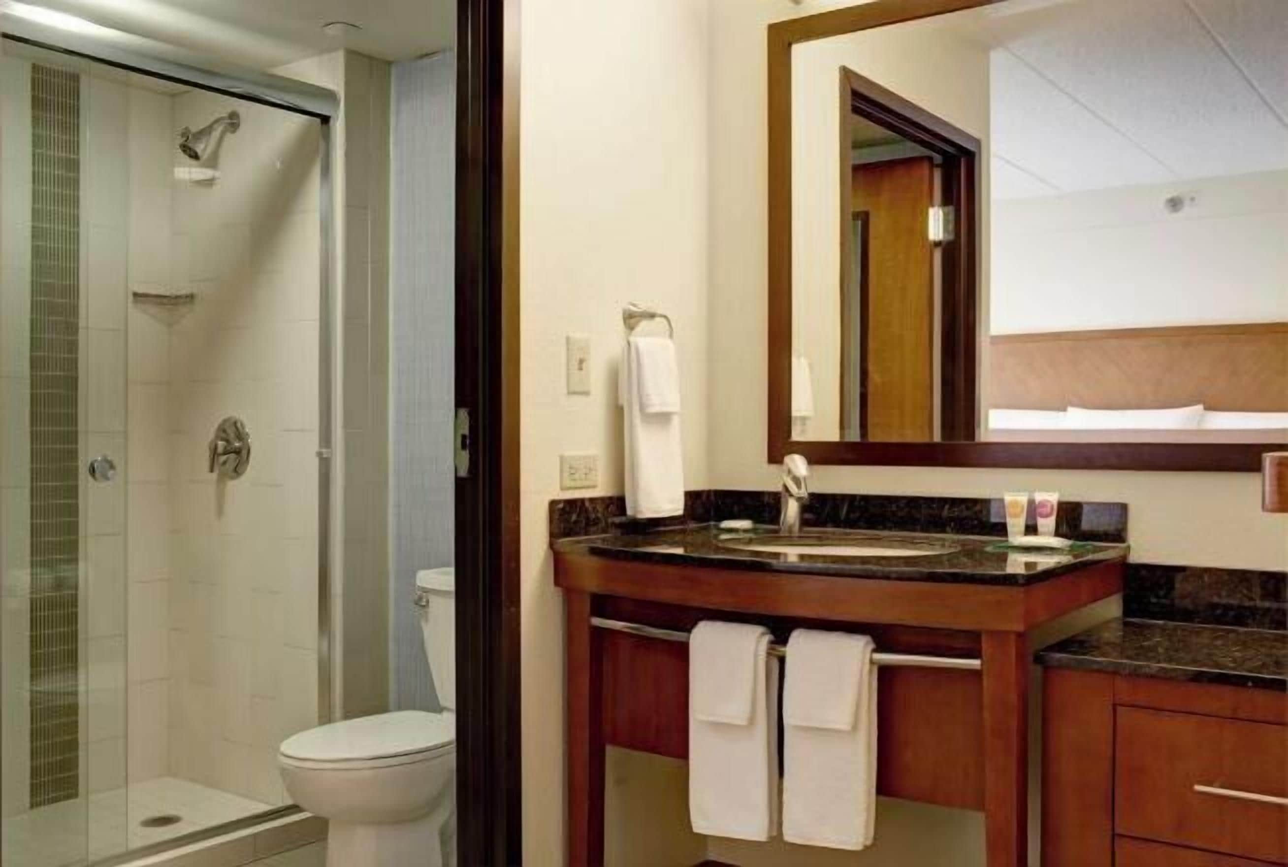 Shower, designer toiletries, hair dryer, towels