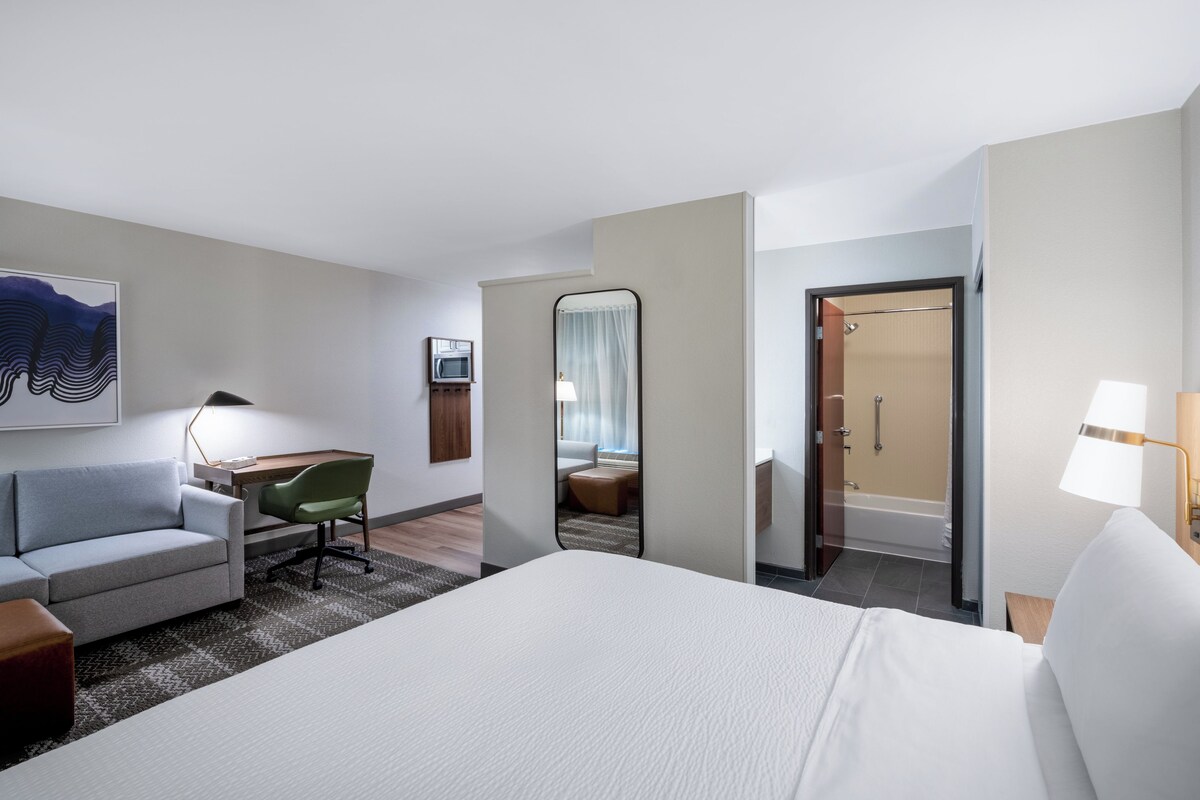 A hotel room with a bed, a desk, a chair, a sofa, a mirror, a shower, and a bathroom.