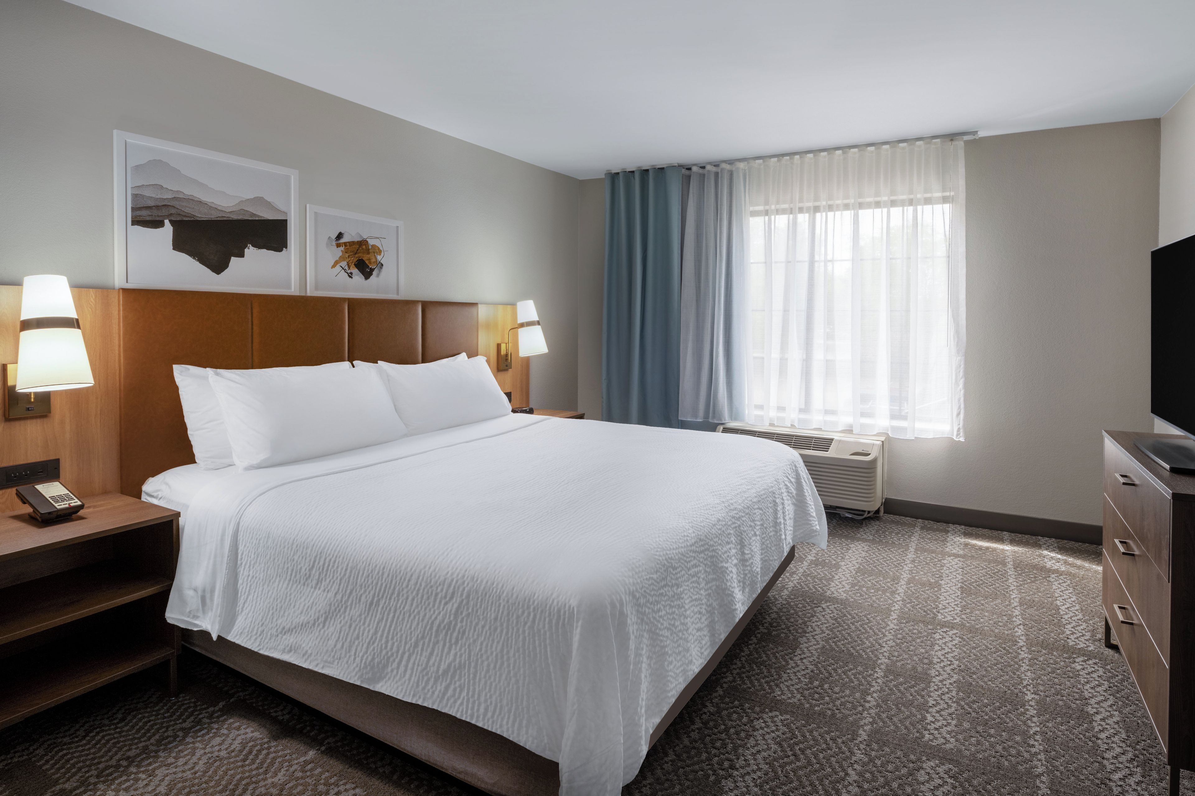 Quarto de hotel com uma cama grande, duas luminárias de cabeceira, TV de tela plana, aquecedor e obras de arte na parede.