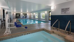 An indoor swimming pool with a capacity sign, a changing room, and a seating area. - Staybridge Suites West Des Moines by IHG (West Des Moines)