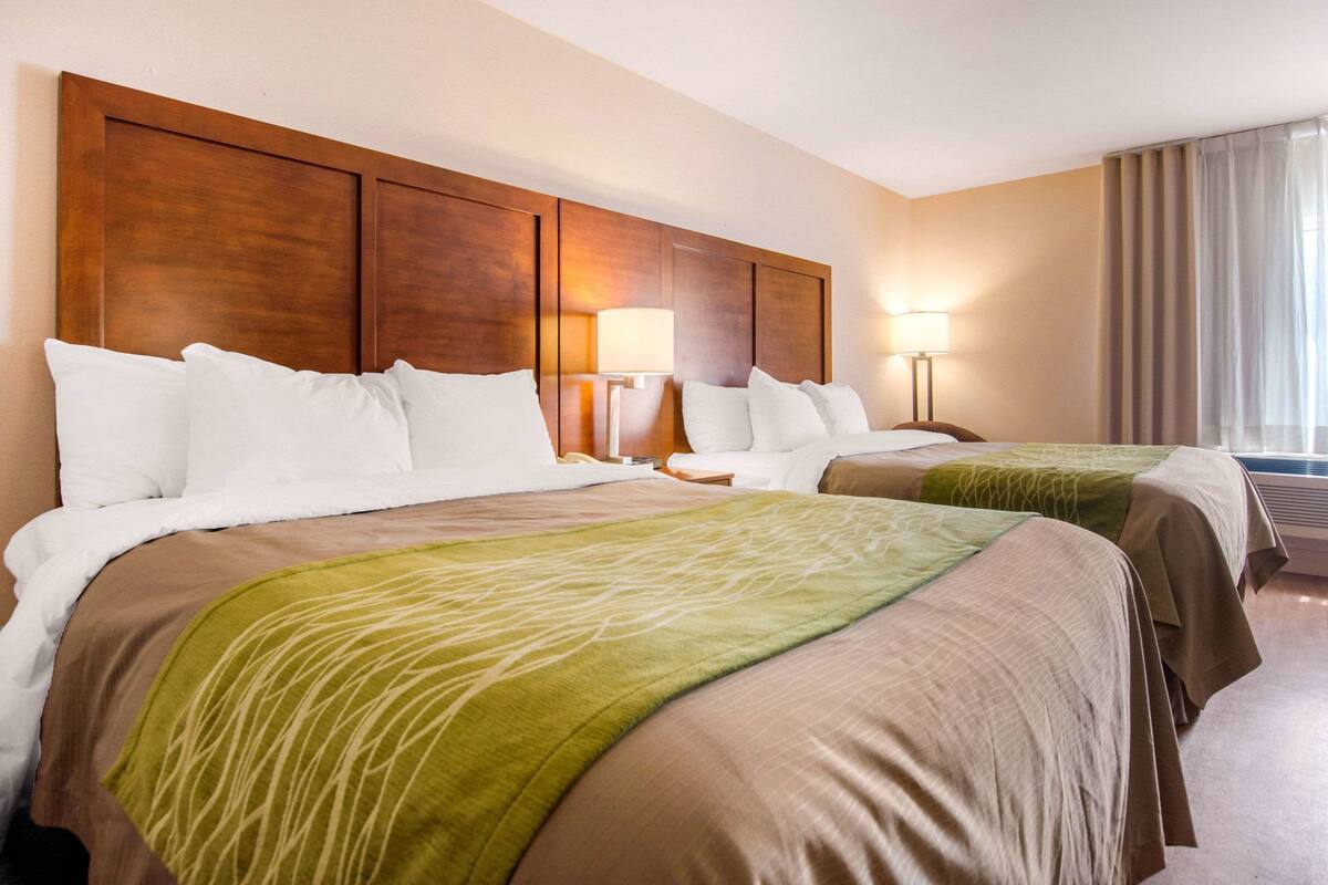 A hotel room with two beds, wooden headboard, white bedding, green and brown throw blankets, bedside lamps, and a large window with curtains.