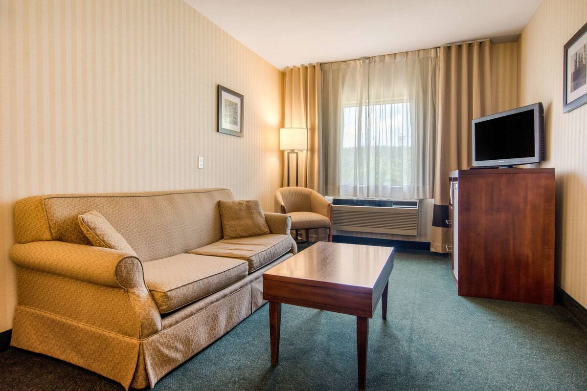 A hotel room with a sofa, a small table, a TV on a wooden cabinet, and a window with curtains.