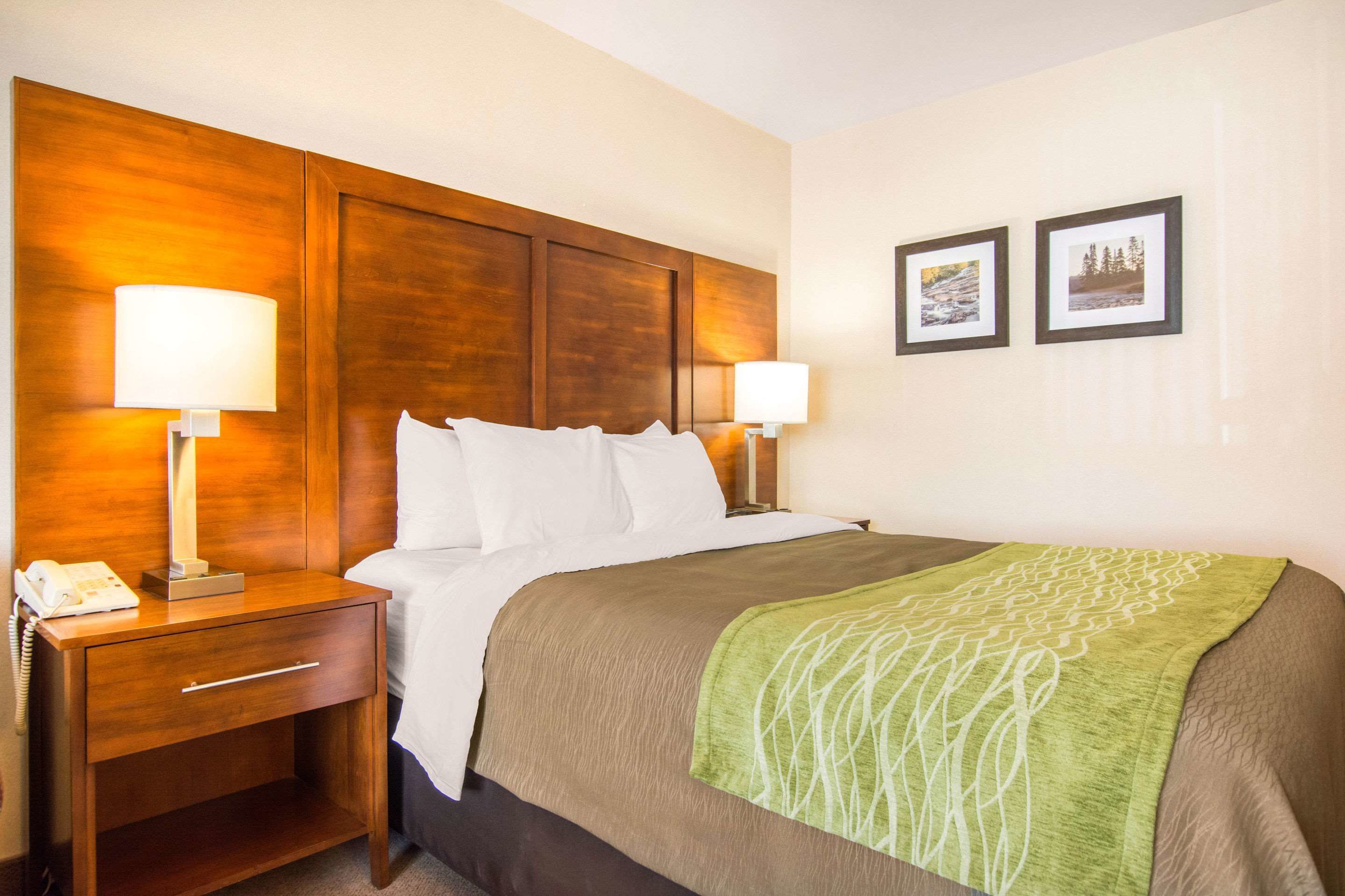 A hotel room with a wooden headboard, two bedside lamps, a telephone, a green patterned throw blanket, and two framed pictures on the wall.