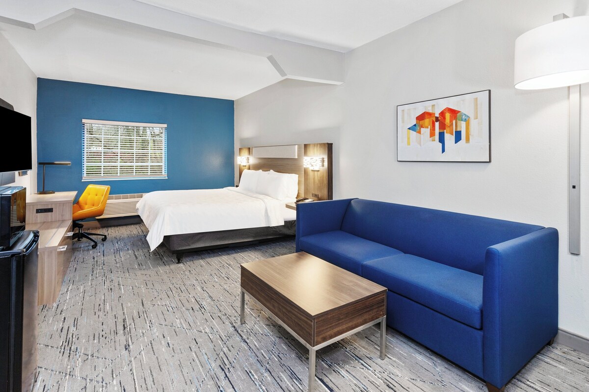 Une chambre d’hôtel avec un lit, un canapé bleu, une table basse en bois, un bureau avec une chaise, une télévision et une fenêtre avec des stores.