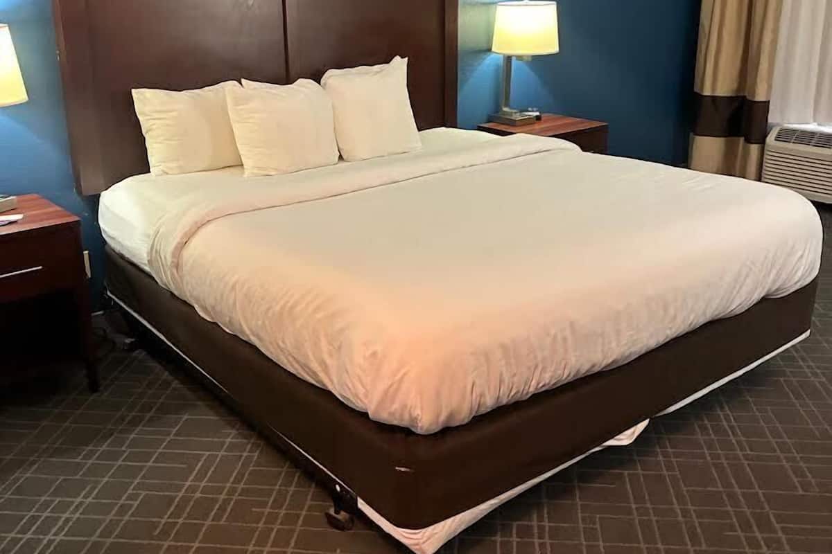 A hotel room with a large bed, two bedside tables, a nightstand, a lamp, and a window with curtains.