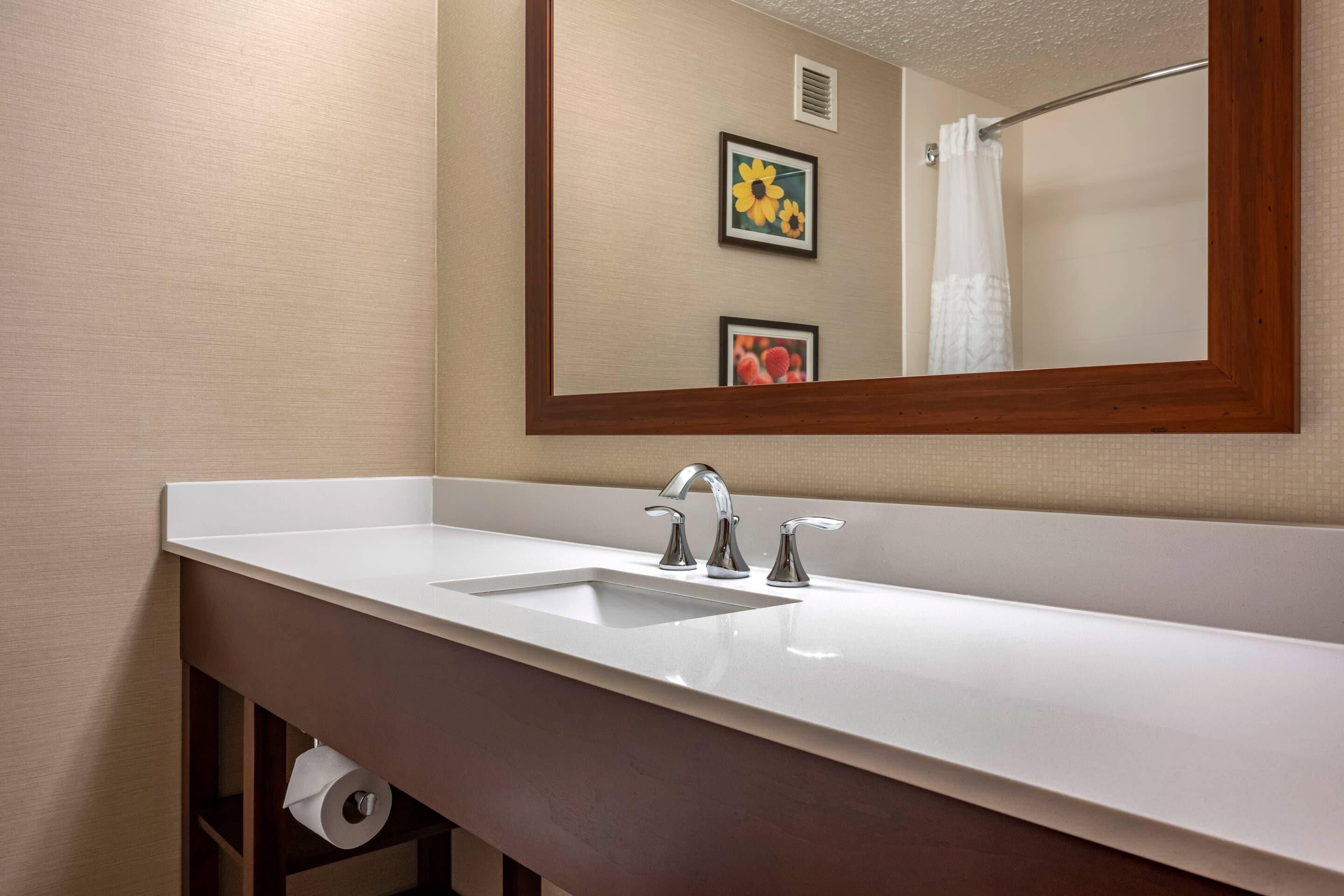 Un baño con un lavabo blanco, dos grifos, un espejo con marco de madera y dos cuadros enmarcados en la pared.