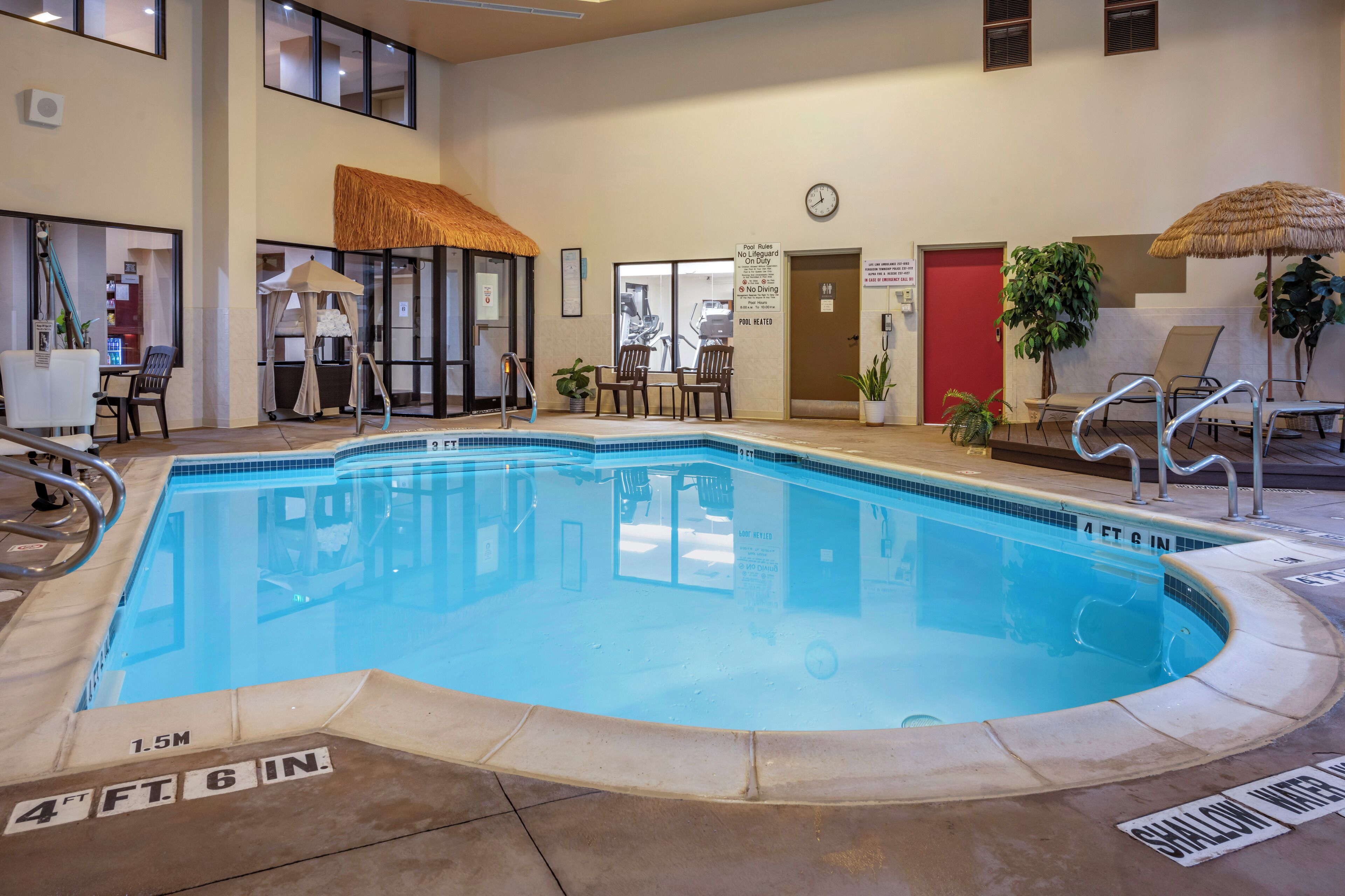 Indoor pool, open 8:00 AM to 10:00 PM, sun loungers