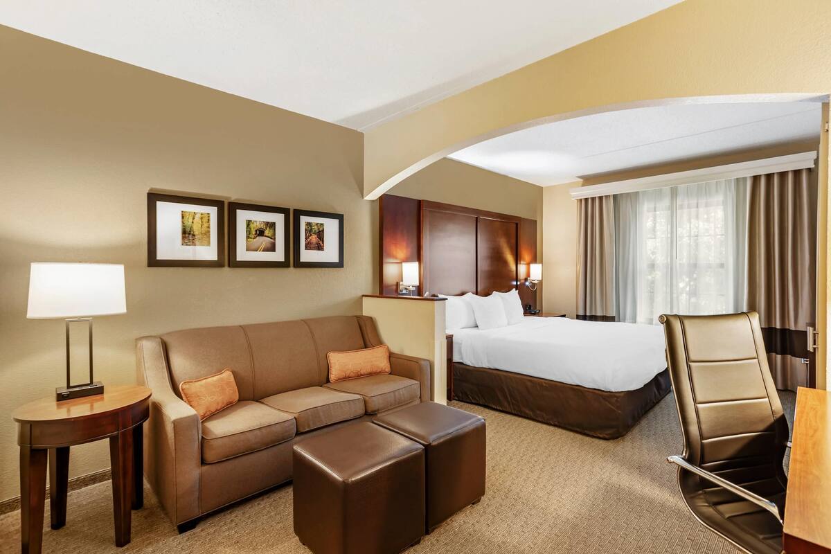 A hotel room with a bed, a sofa, a chair, a small table, and a lamp.