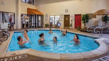 Indoor pool, open 8:00 AM to 10:00 PM, pool loungers