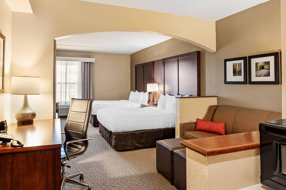 2 queen beds with sofa bed, non smoking | premium bedding, pillow-top beds, in-room safe, desk