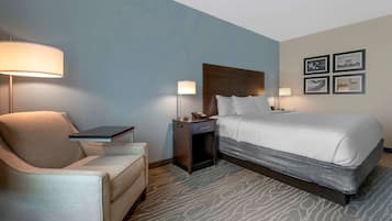 Habitación de hotel con cama, una silla, una mesita de noche, una lámpara y una pared con cuadros.