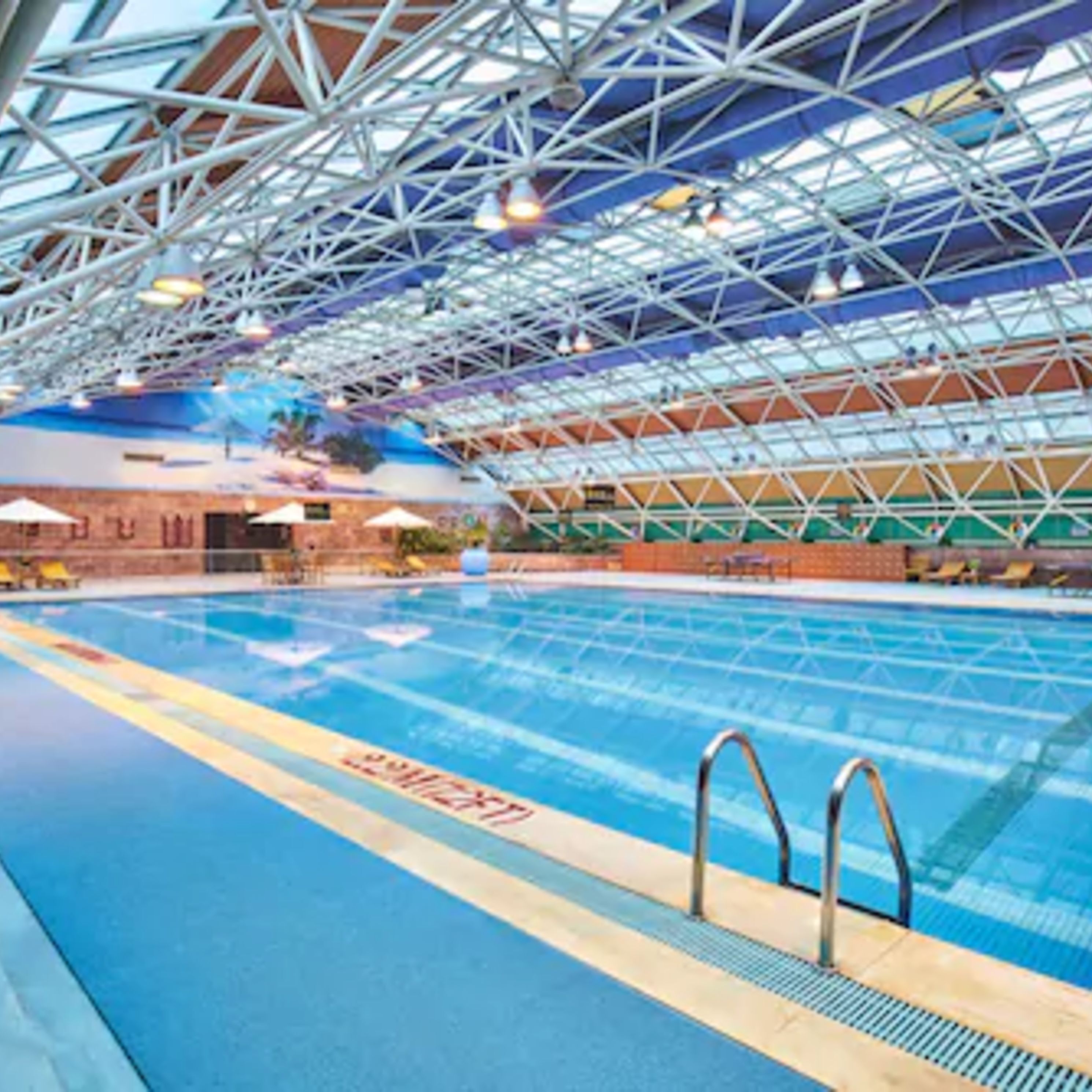 Piscina interior com faixas de natação bem definidas, plataforma de mergulho e teto alto com estrutura metálica geométrica.