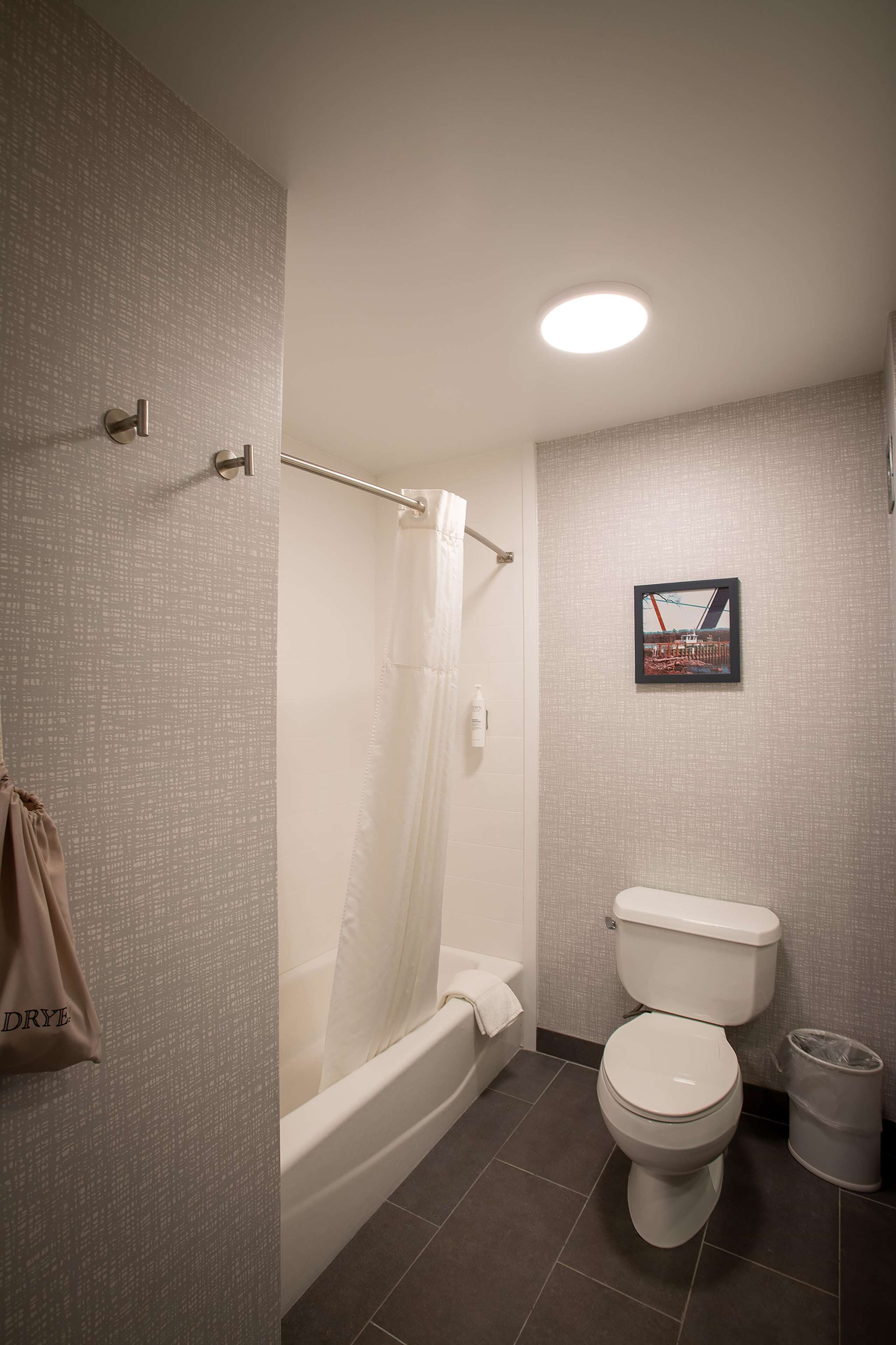A bathroom with a bathtub, toilet, and a shower curtain.